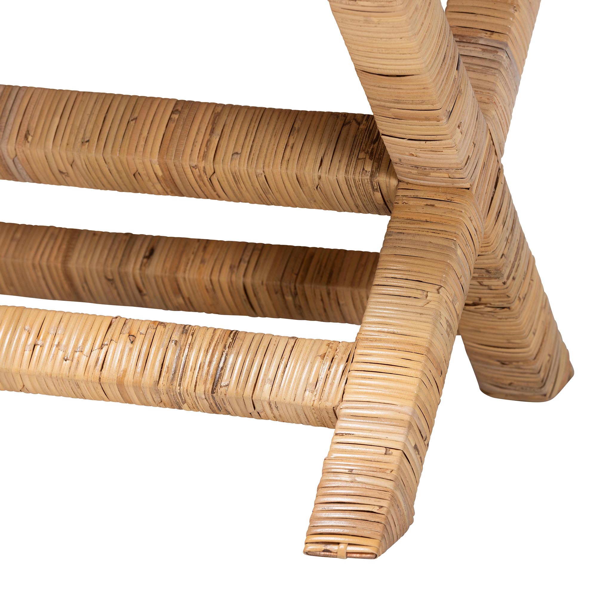 bali & pari Christy Natural Rattan Ottoman - Hand Wrapped Wicker Accent Stool with Cushioned Seat and Crisscross Frame