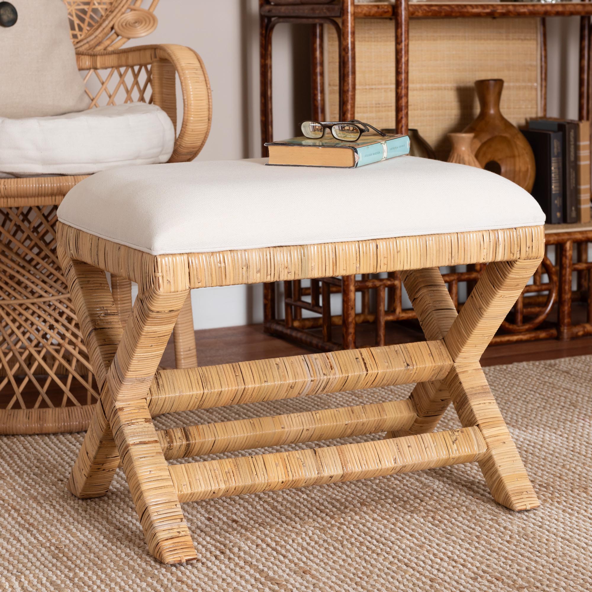 bali & pari Christy Natural Rattan Ottoman - Hand Wrapped Wicker Accent Stool with Cushioned Seat and Crisscross Frame