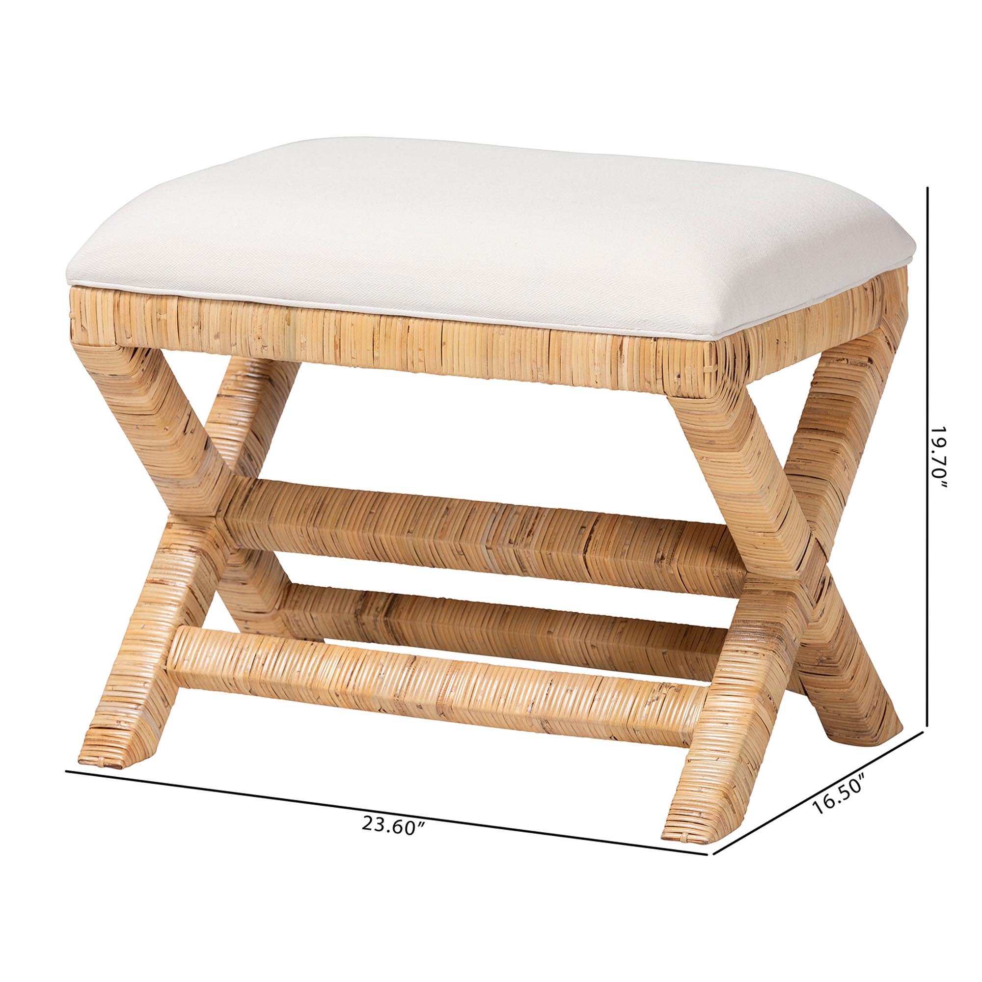 bali & pari Christy Natural Rattan Ottoman - Hand Wrapped Wicker Accent Stool with Cushioned Seat and Crisscross Frame