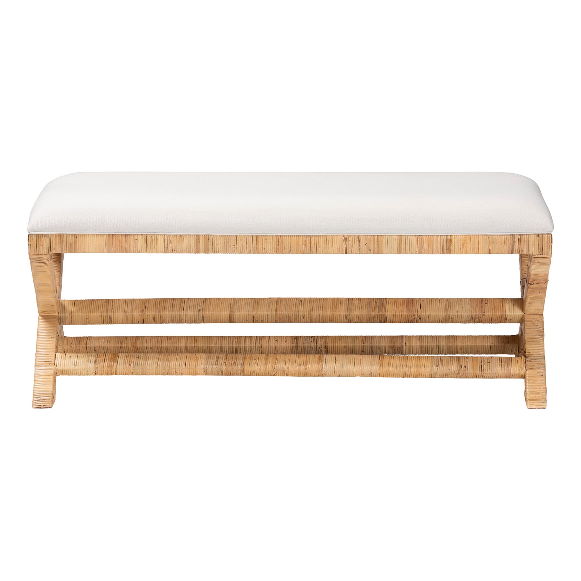 bali & pari Christy Natural Rattan Bench - Hand Wrapped Wicker Accent Seating with Upholstered Cushion and Crisscross Frame