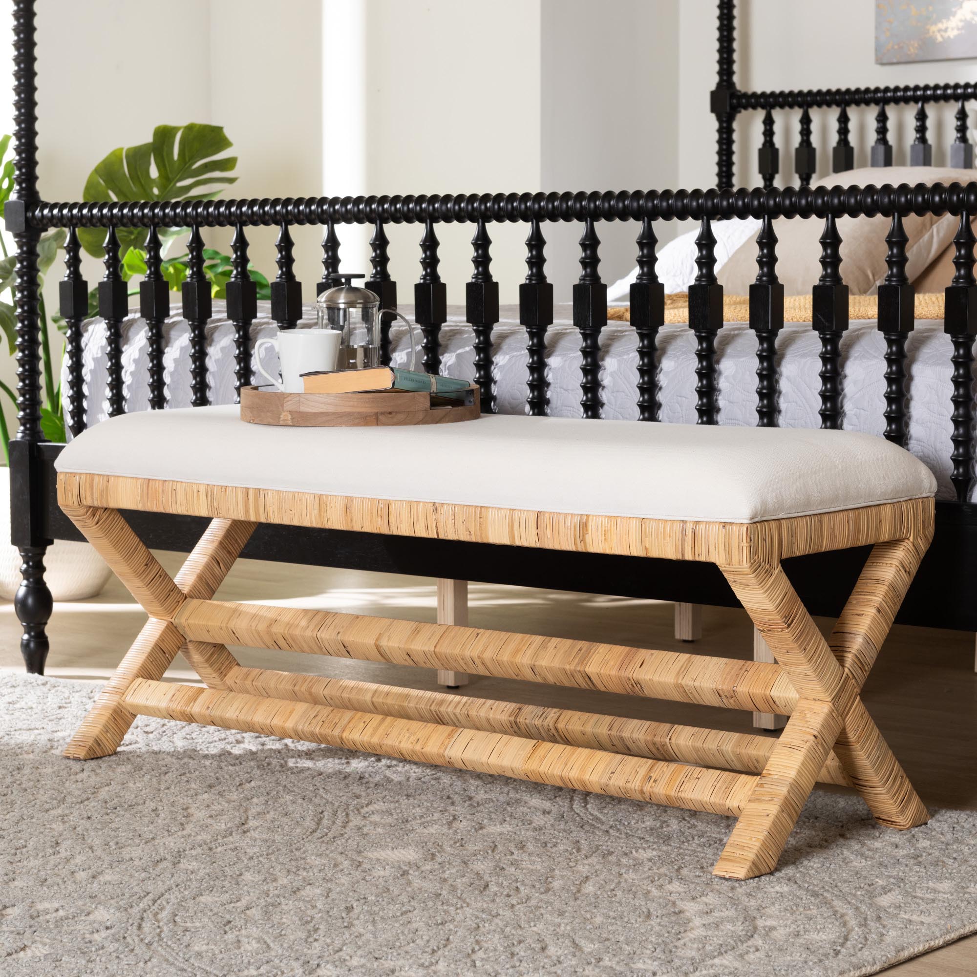 bali & pari Christy Natural Rattan Bench - Hand Wrapped Wicker Accent Seating with Upholstered Cushion and Crisscross Frame