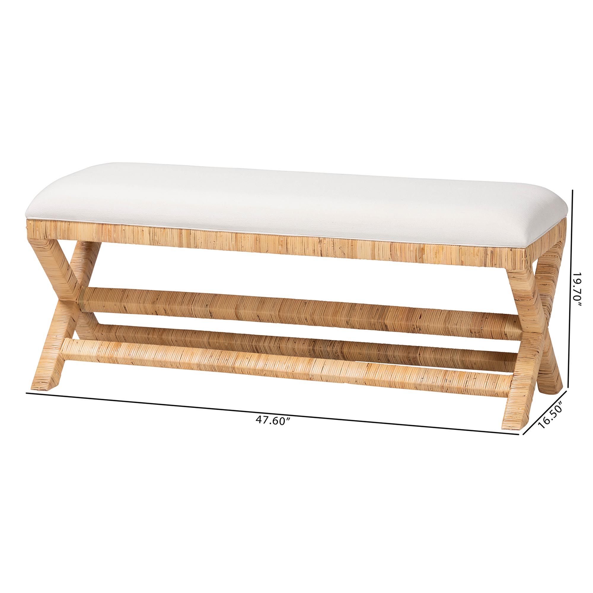 bali & pari Christy Natural Rattan Bench - Hand Wrapped Wicker Accent Seating with Upholstered Cushion and Crisscross Frame