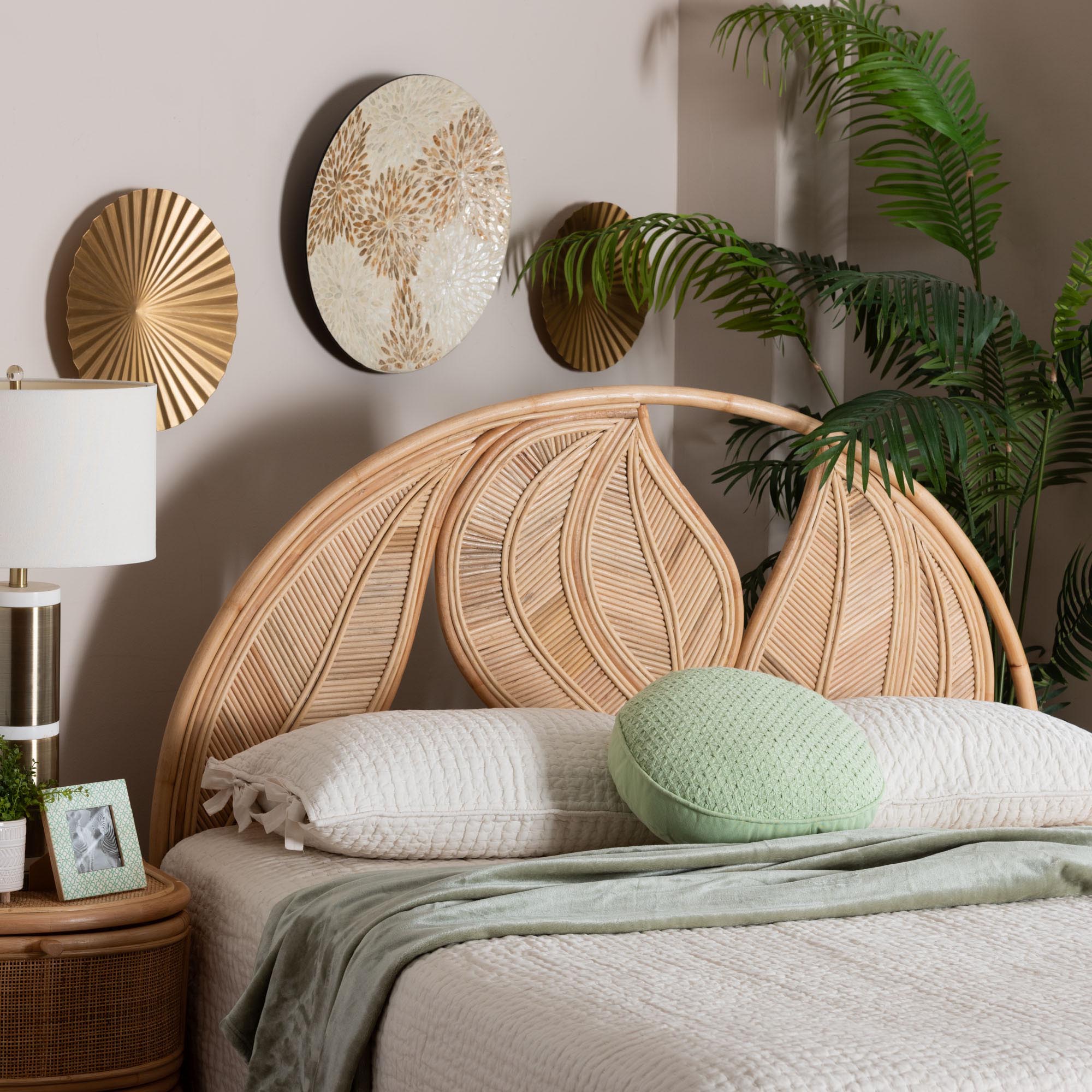bali & pari Lifen Natural Rattan Standalone Headboard - Handcrafted Panel Headboard with Leaf Motif, King