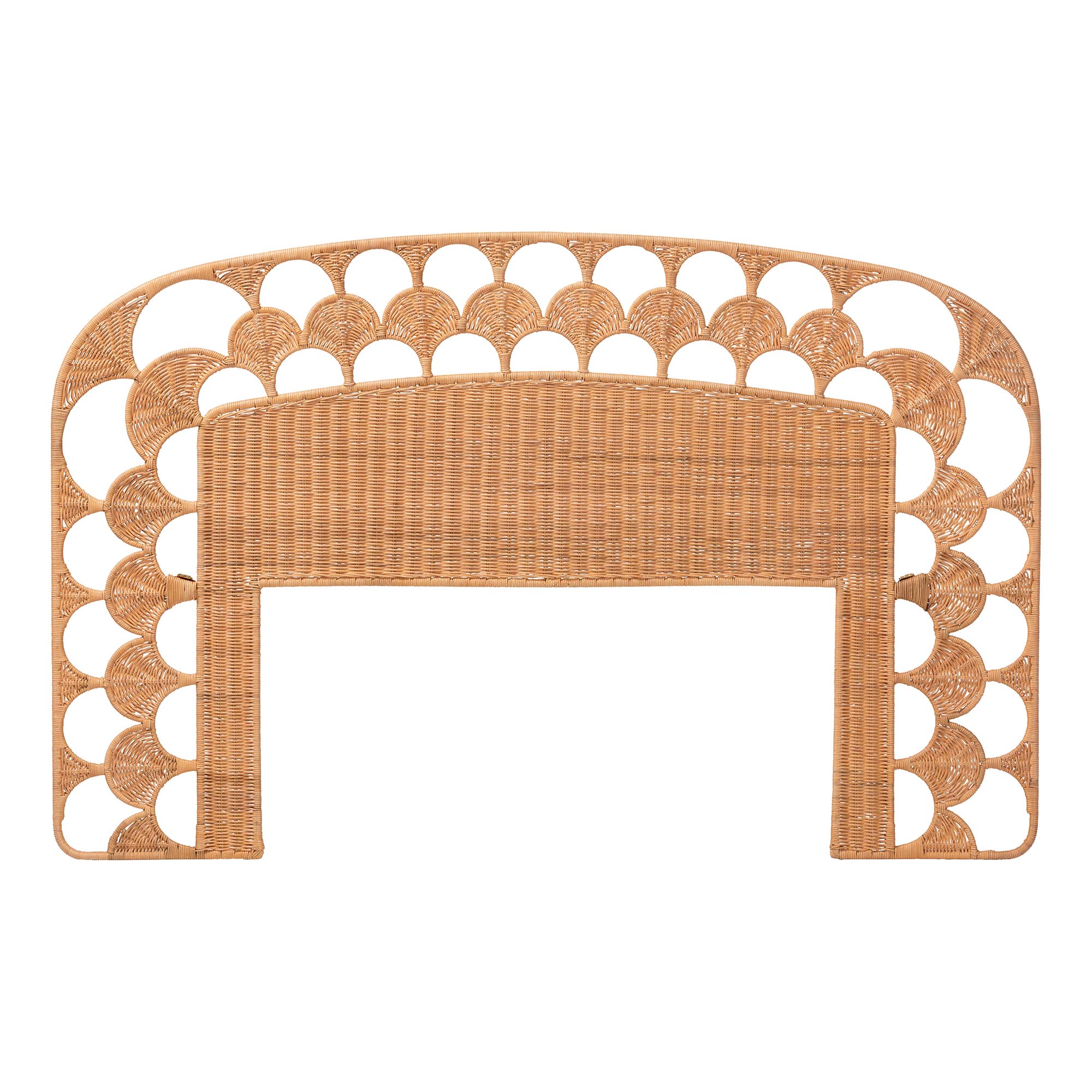bali & pari Felician Natural Rattan Standalone Headboard - Handwoven Wicker Panel Headboard with Scalloped Fan Motif, Queen