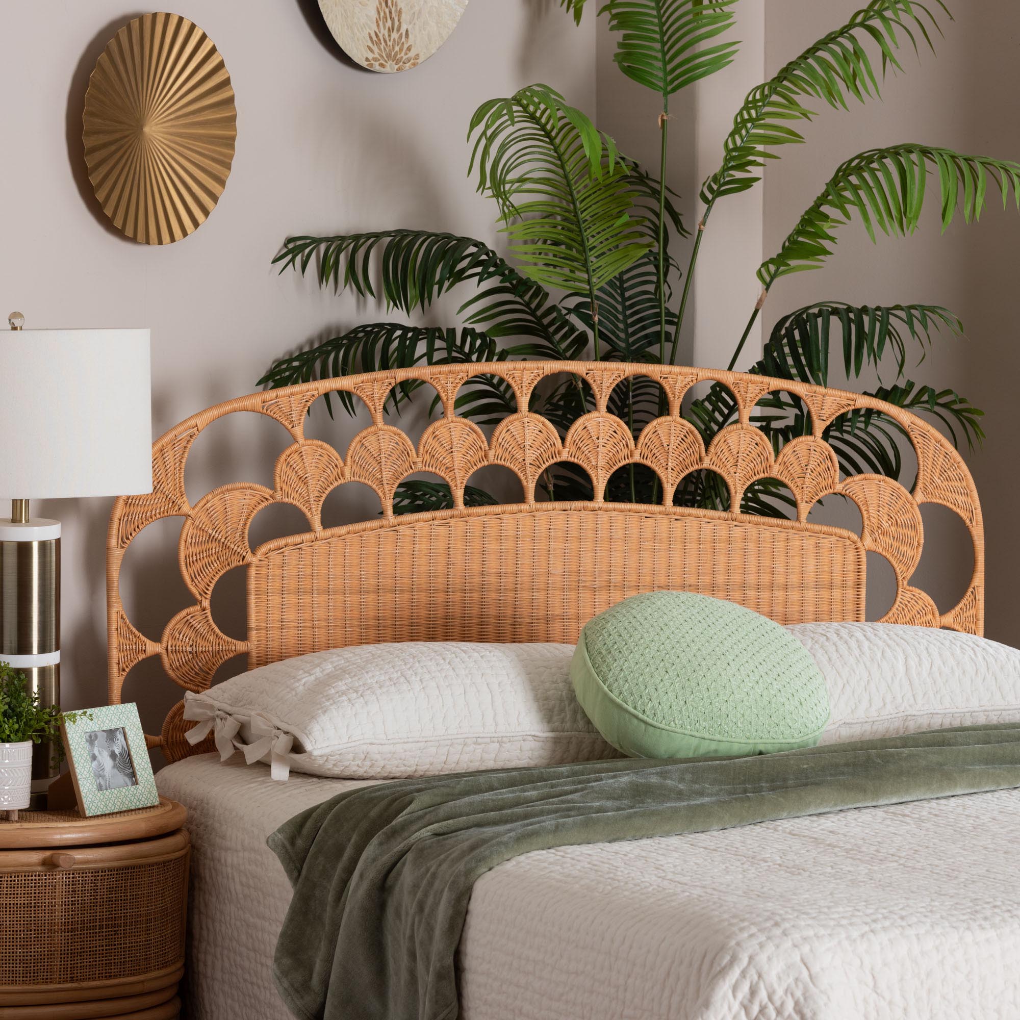 bali & pari Felician Natural Rattan Standalone Headboard - Handwoven Wicker Panel Headboard with Scalloped Fan Motif, Queen