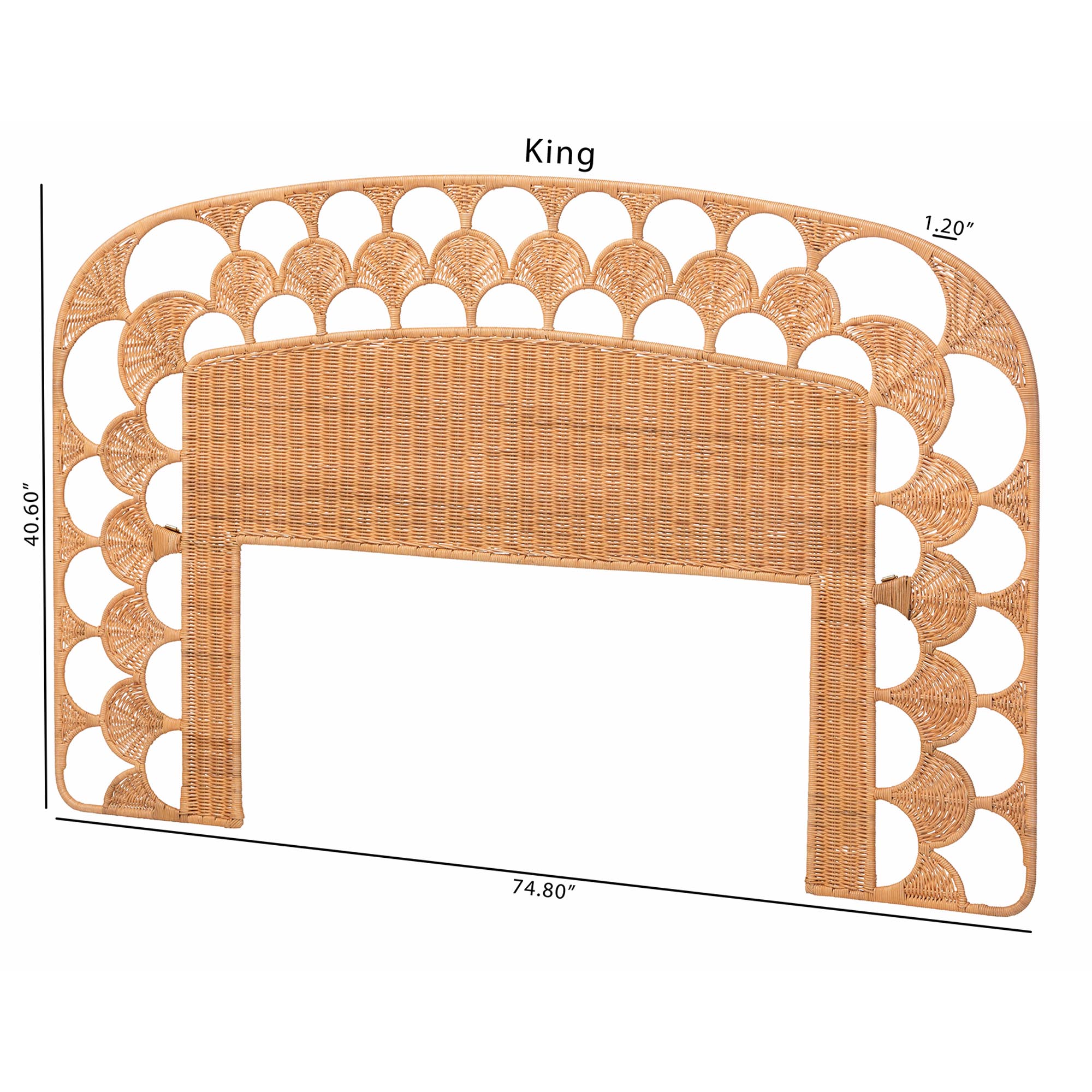 bali & pari Felician Natural Rattan Standalone Headboard - Handwoven Wicker Panel Headboard with Scalloped Fan Motif, King