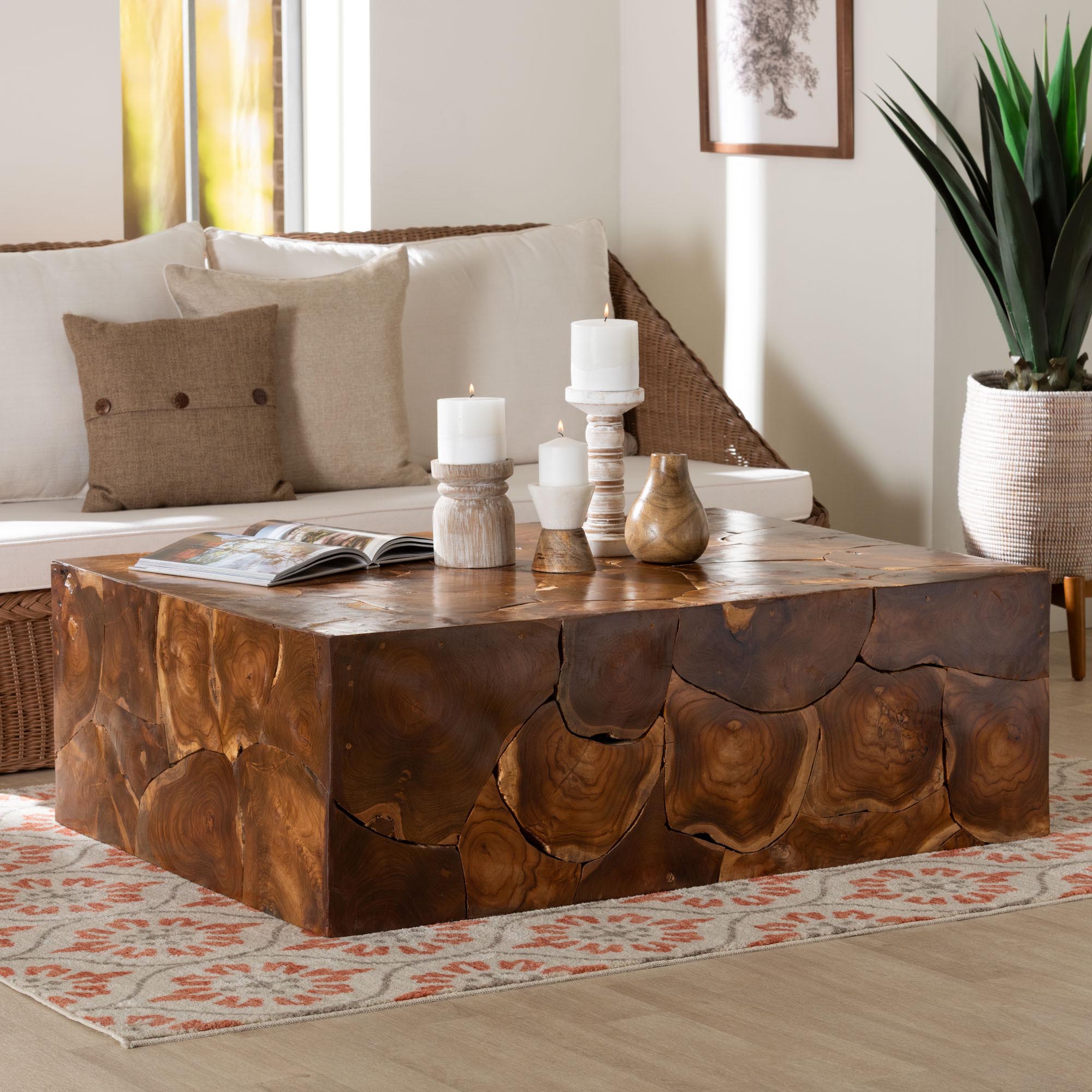 bali & pari Eldora Teak Wood Coffee Table - Handcrafted Live-Edge Accent Table, Low Profile Design for Living Room
