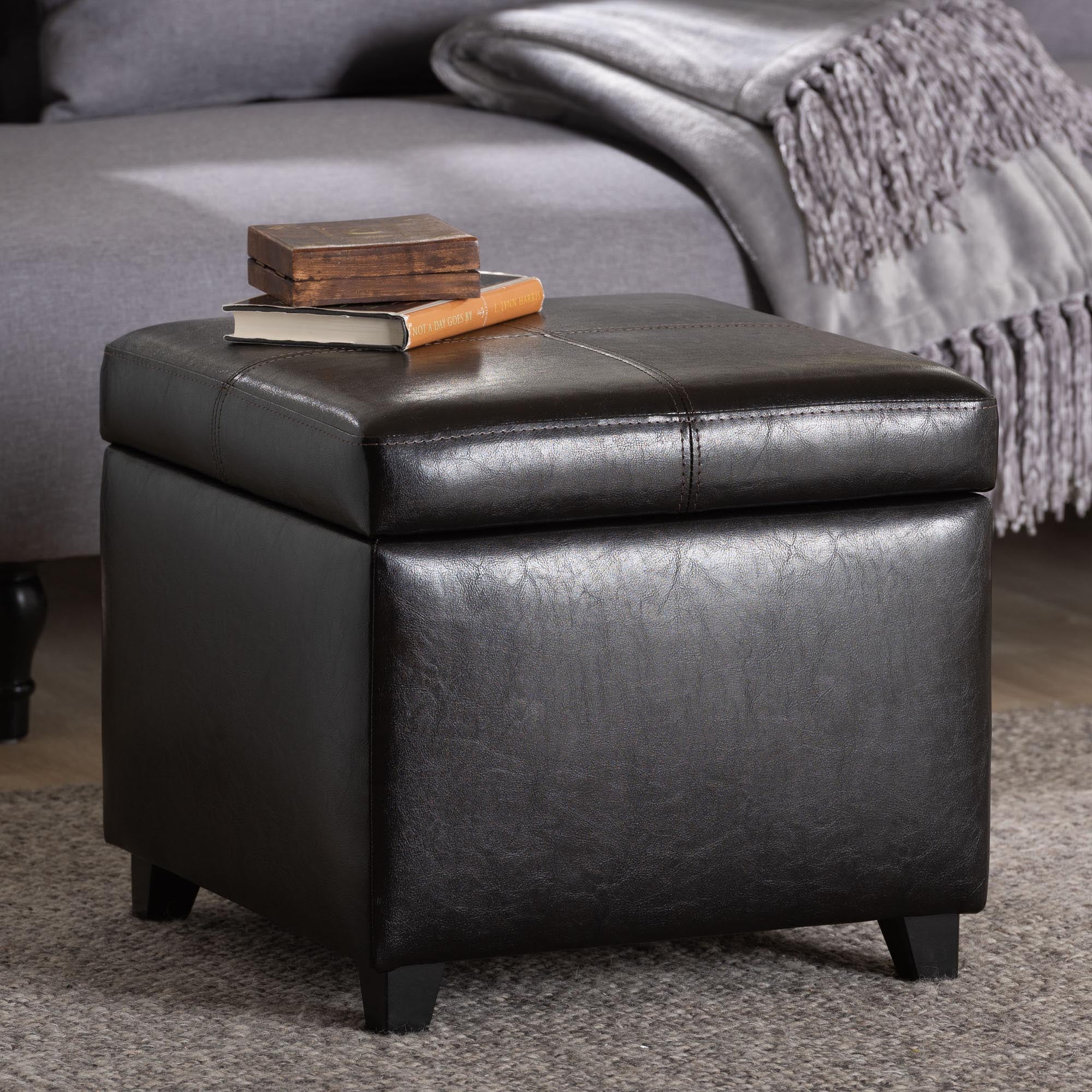 Baxton Studio Dark Brown Full Leather Storage Cube Ottoman