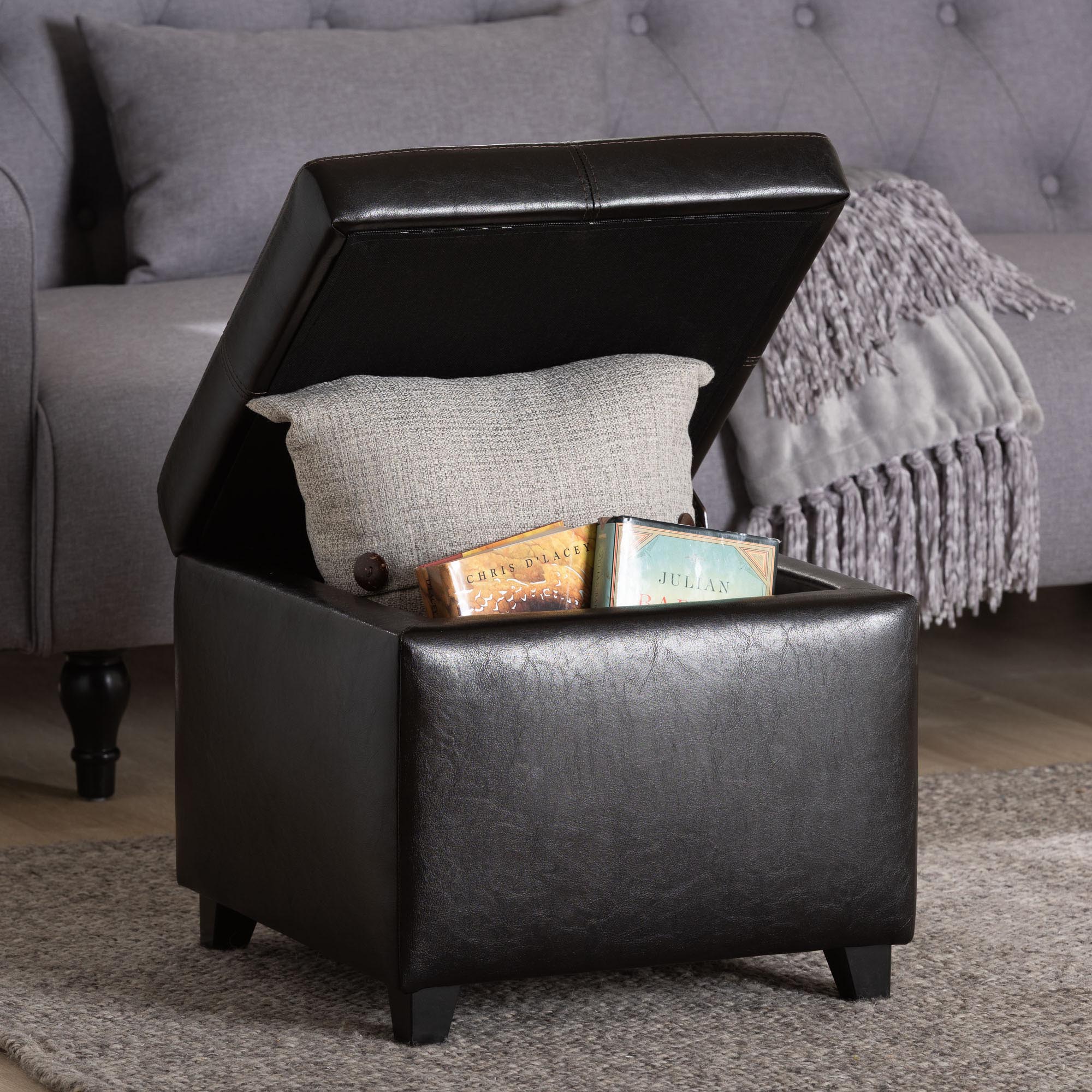Baxton Studio Dark Brown Full Leather Storage Cube Ottoman