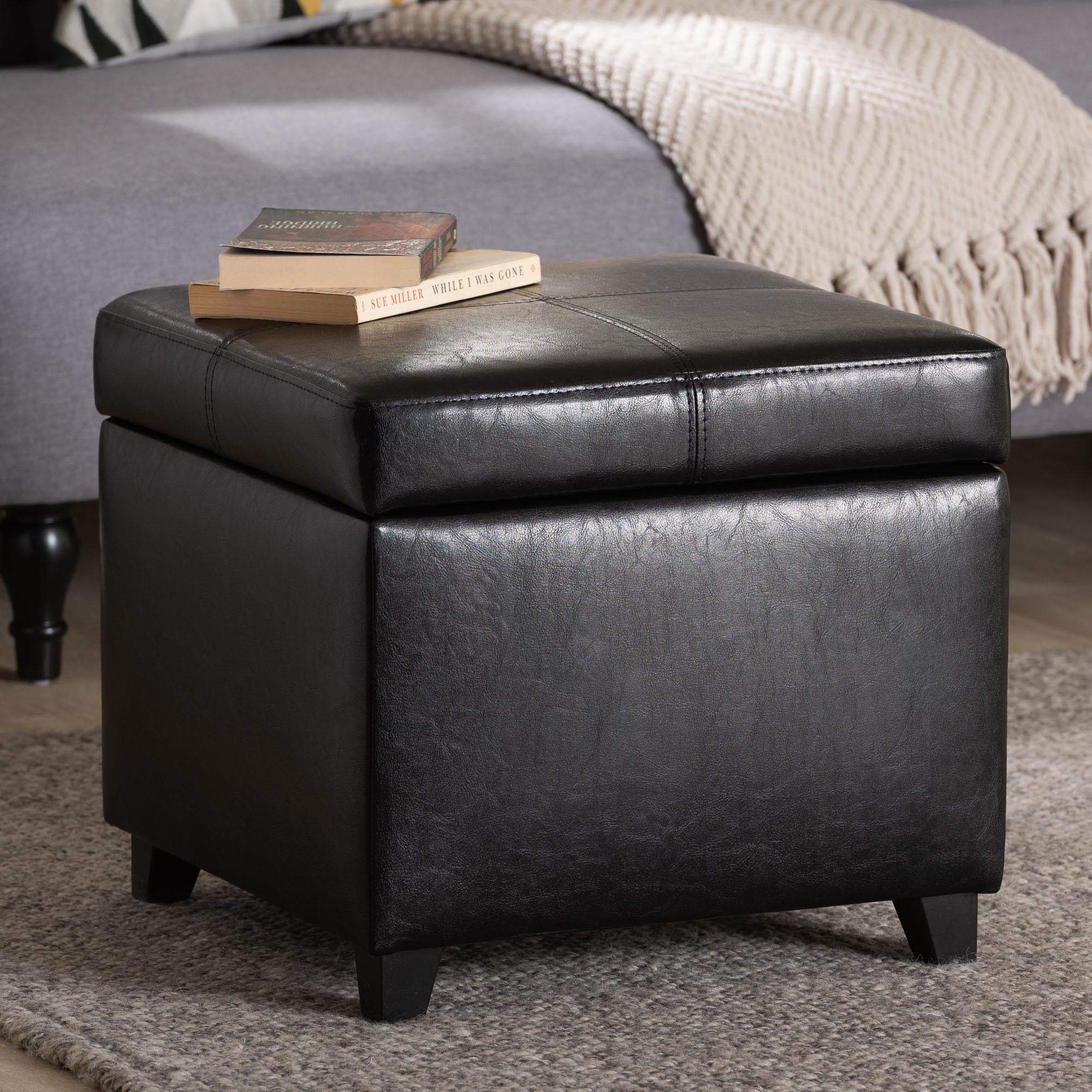 Baxton Studio Black Full Leather Storage Cube Ottoman