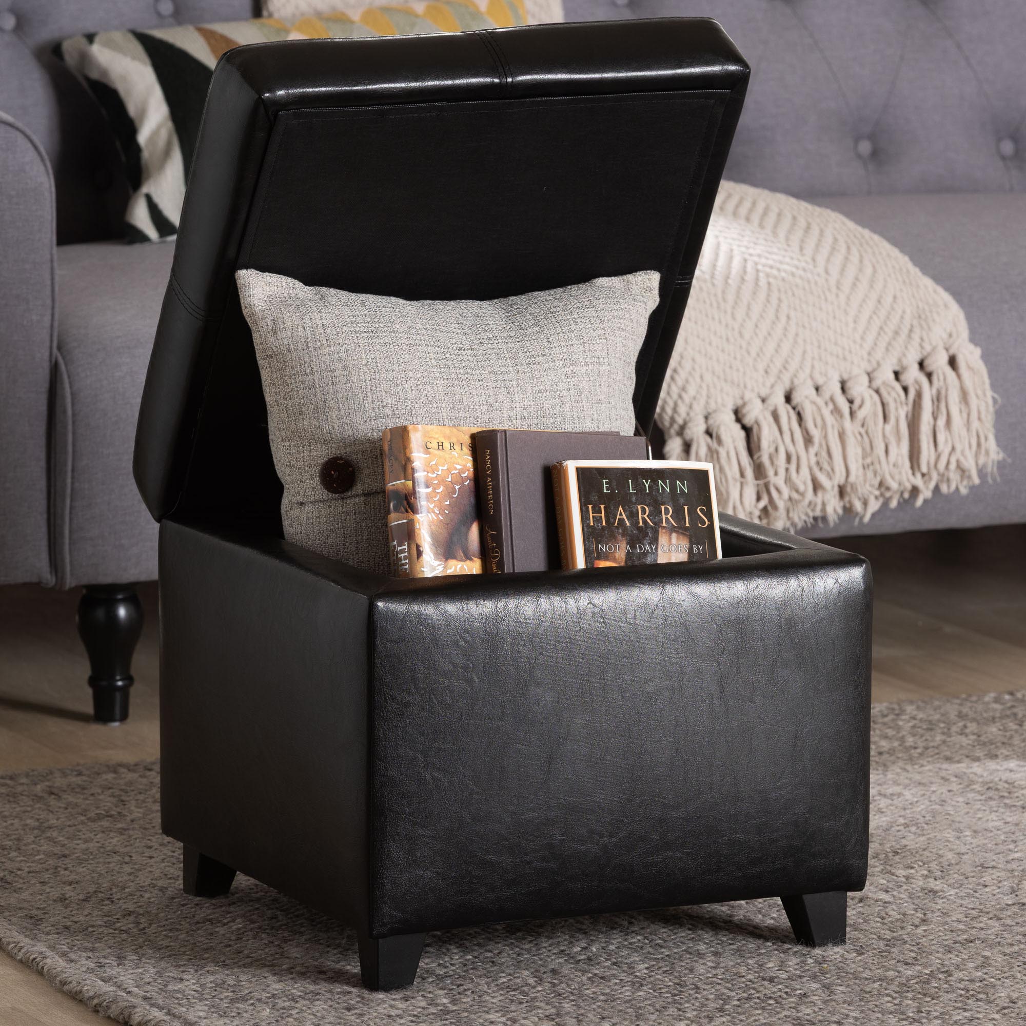 Baxton Studio Black Full Leather Storage Cube Ottoman