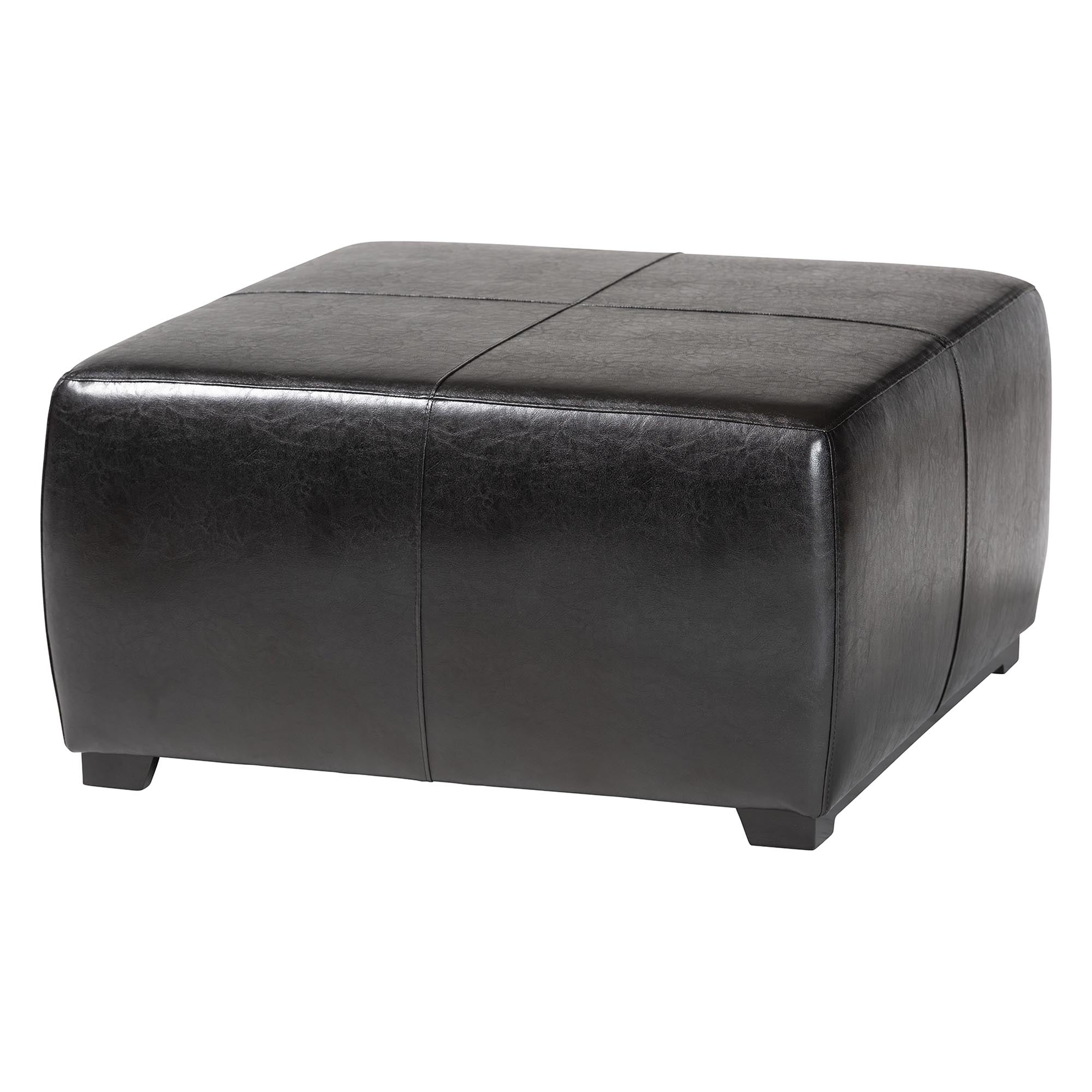 Baxton Studio Black Full Leather Square Ottoman Footstool