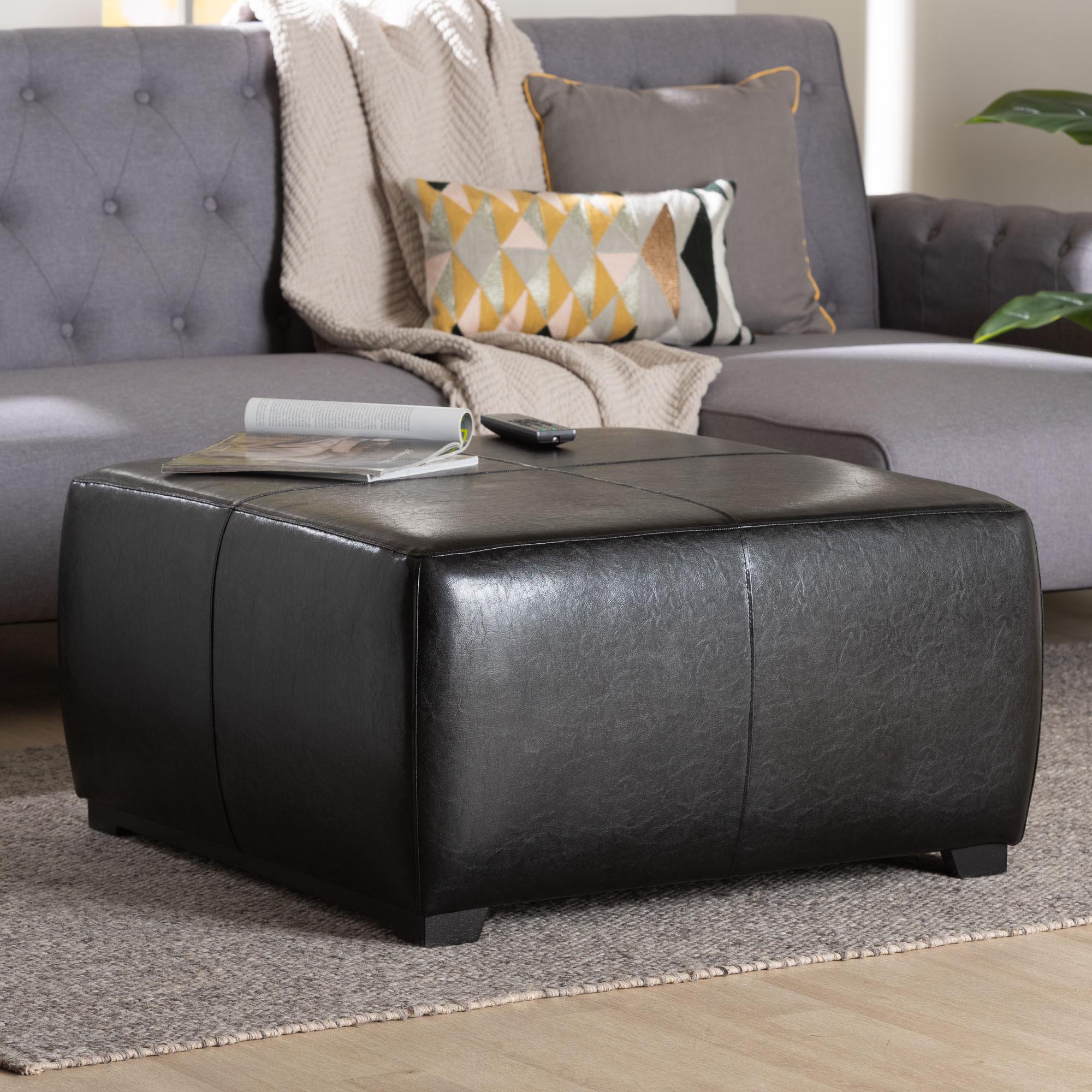 Baxton Studio Black Full Leather Square Ottoman Footstool