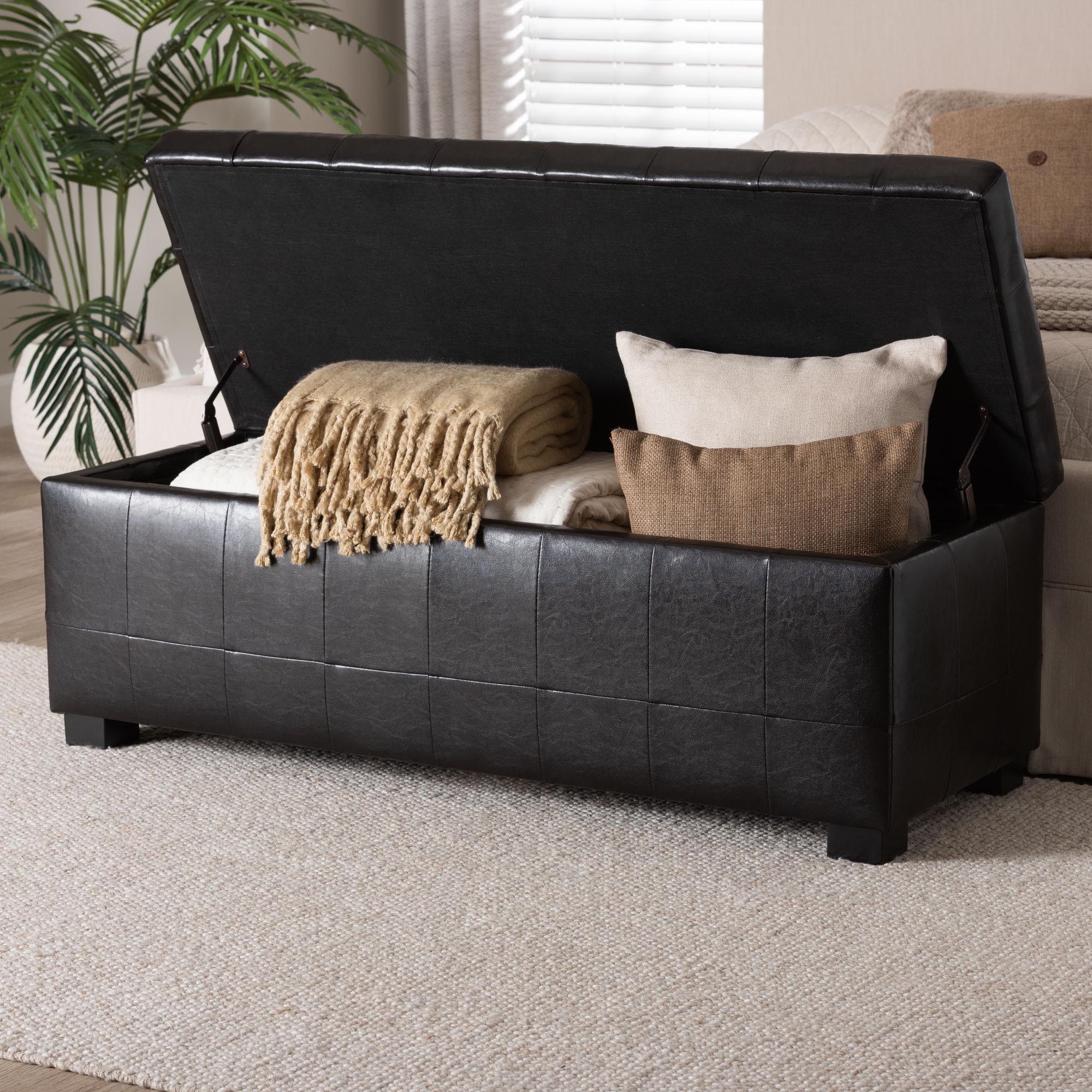 Baxton Studio Dark Brown Full Leather Storage Bench Ottoman with Dimples