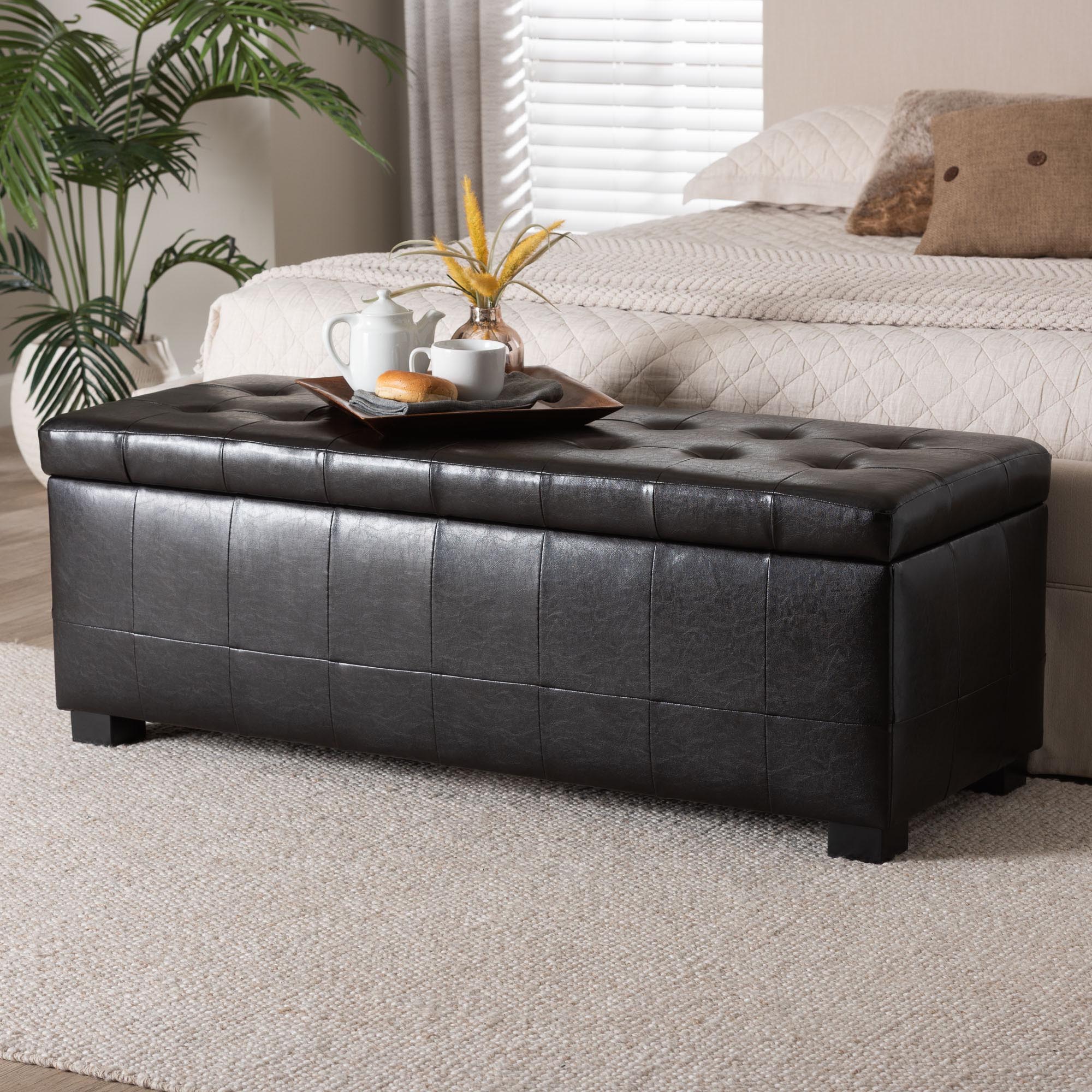 Baxton Studio Dark Brown Full Leather Storage Bench Ottoman with Dimples