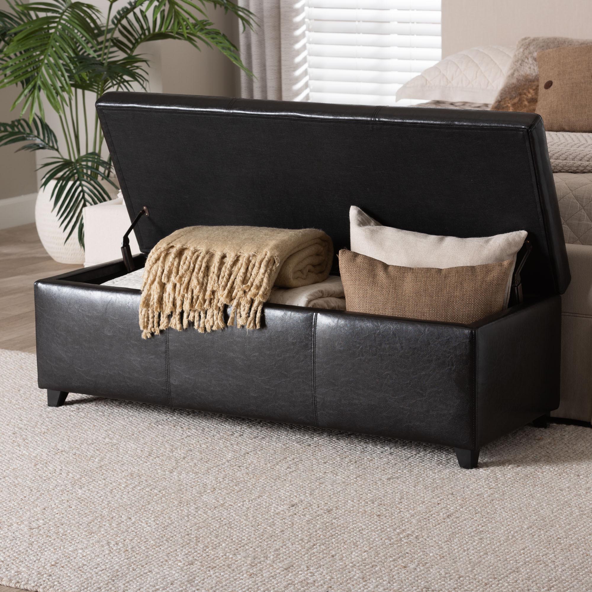 Baxton Studio Dark Brown Full Leather Storage Bench Ottoman with Stitching