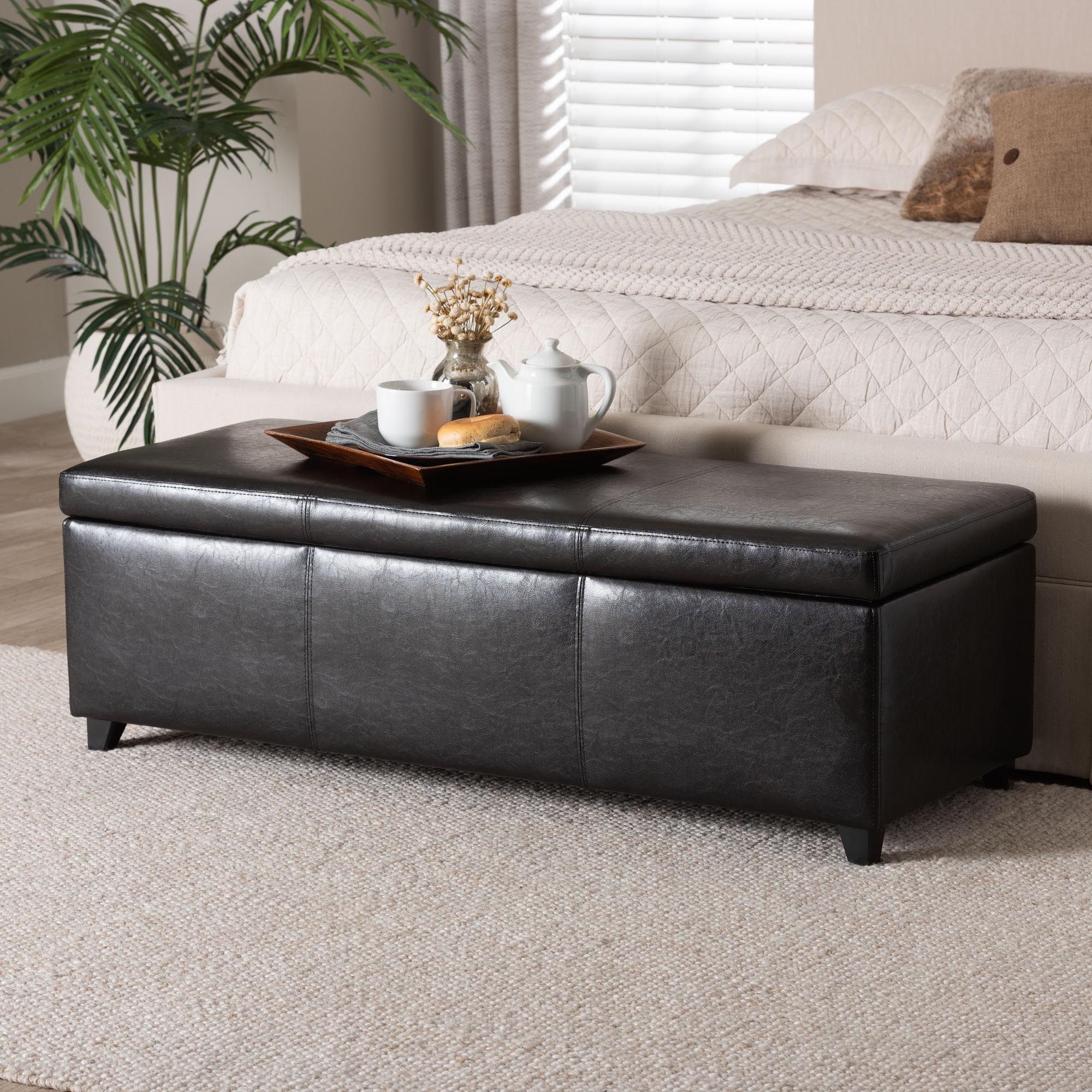 Baxton Studio Dark Brown Full Leather Storage Bench Ottoman with Stitching
