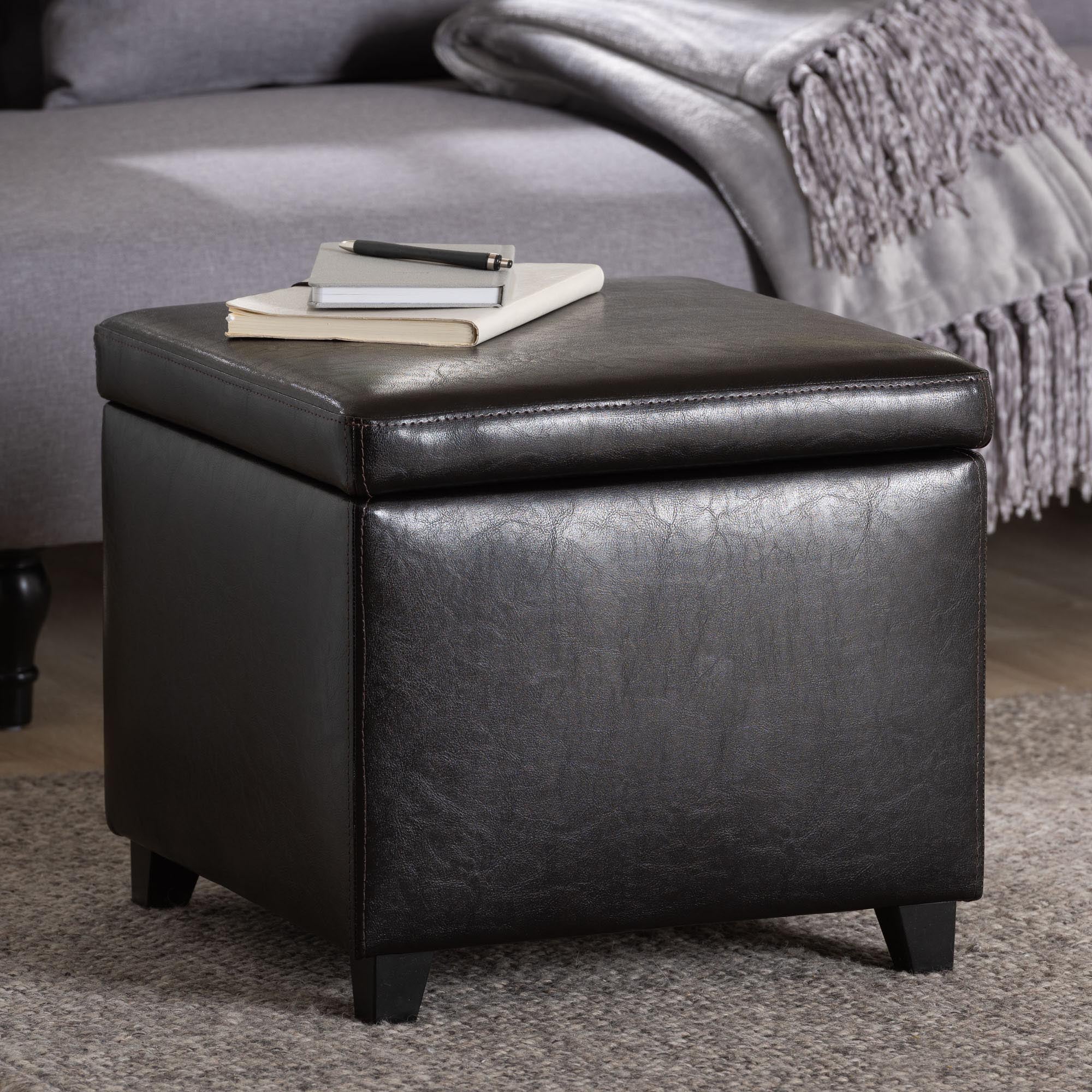 Baxton Studio Dark Brown Full Leather Small Storage Cube Ottoman