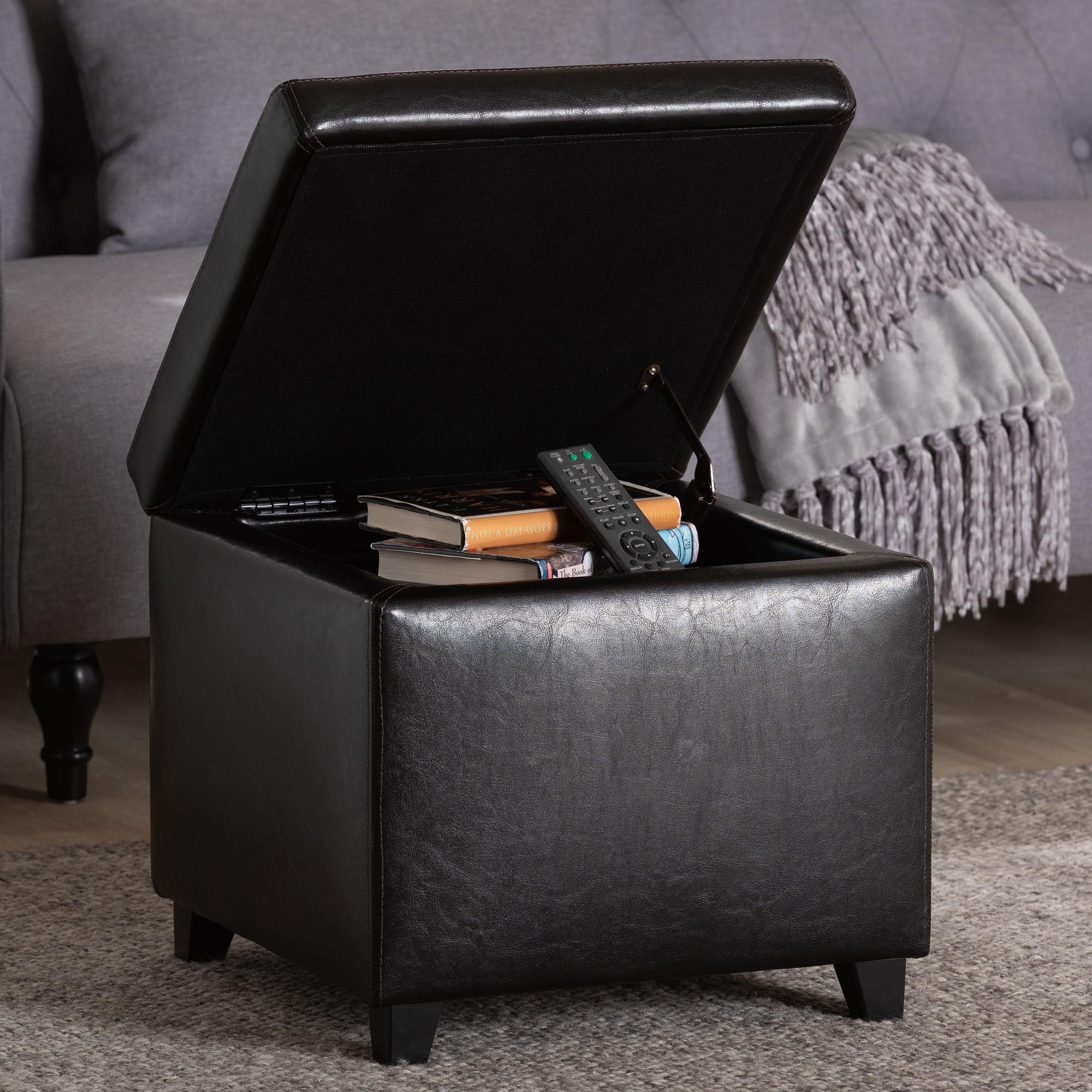 Baxton Studio Dark Brown Full Leather Small Storage Cube Ottoman