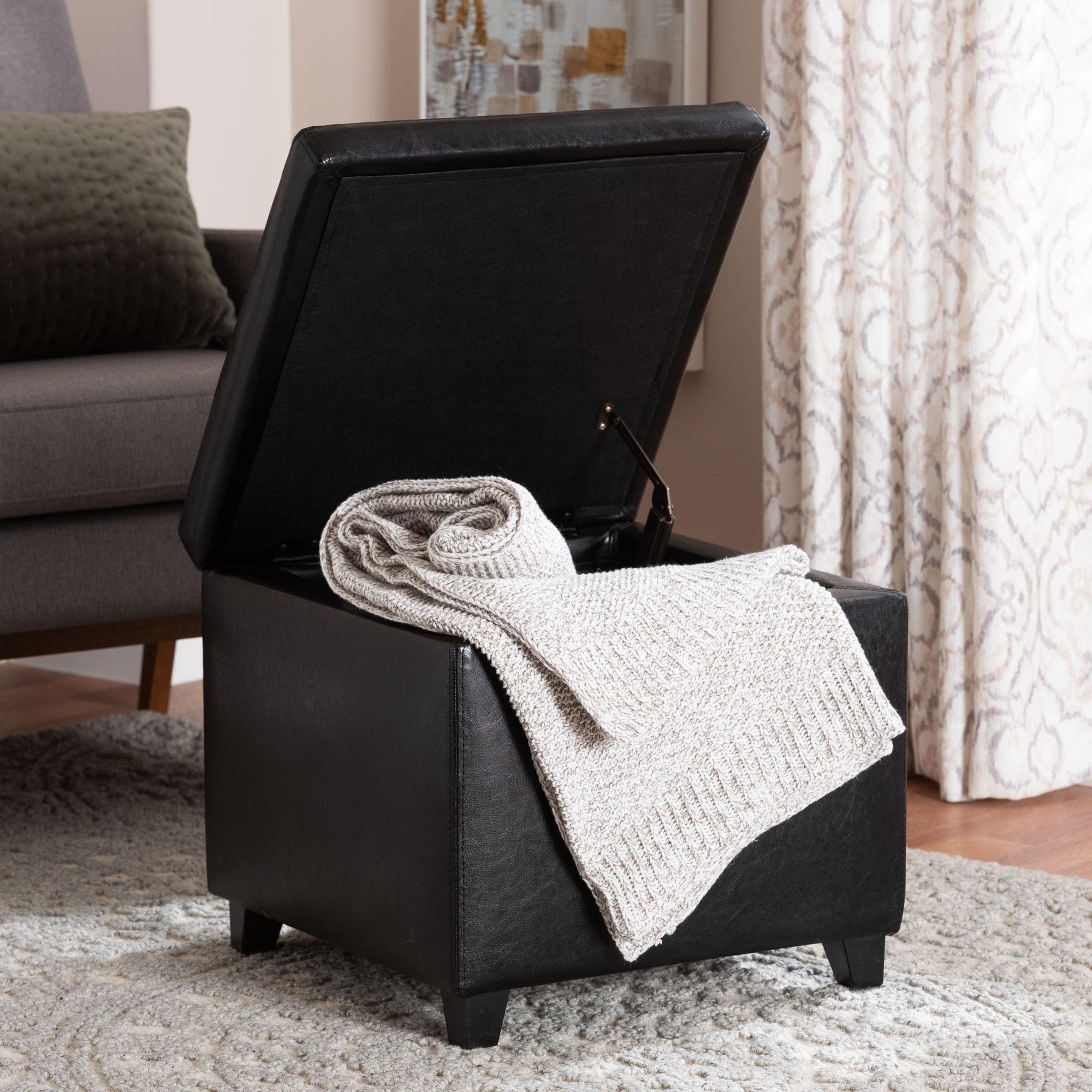 Baxton Studio Black Full Leather Small Storage Cube Ottoman