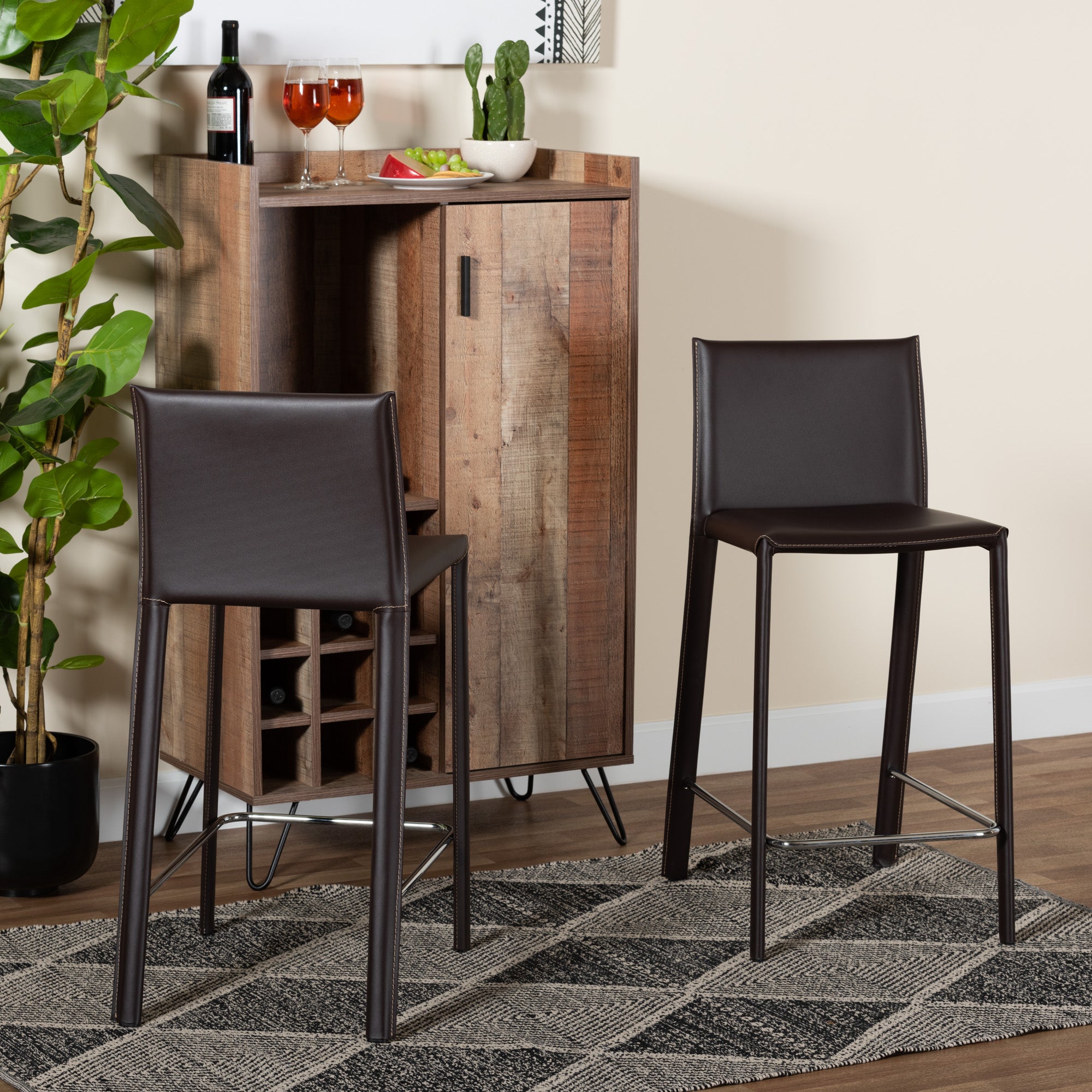 Baxton Studio Crawford Brown Leather 2-Piece Counter Height Stool Set