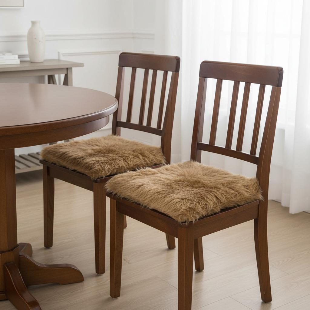 Set of Two 16" X 2" Tan Faux Fur Chair Pads
