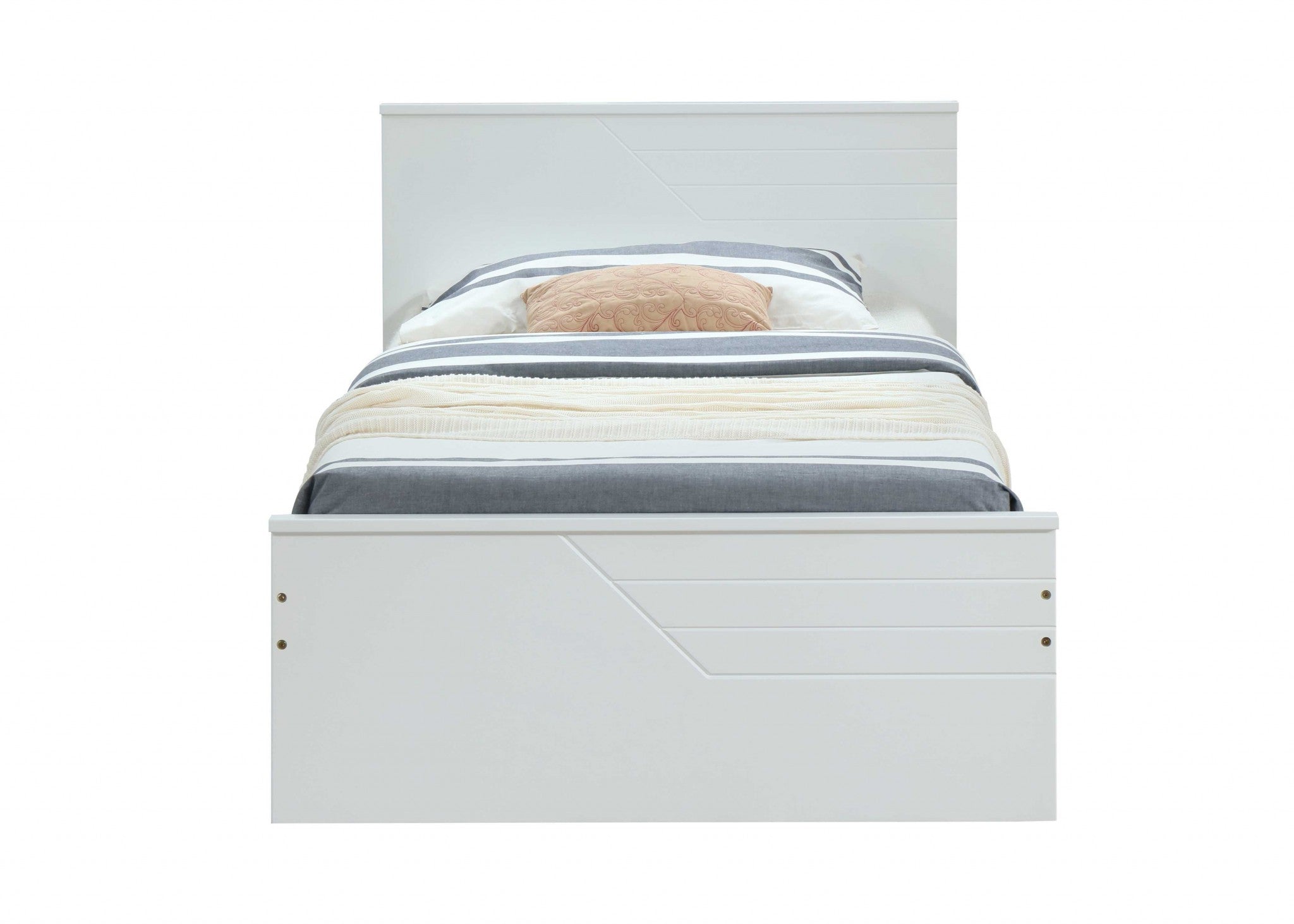 White Carved Geometric Solid Wood Twin Bed Frame