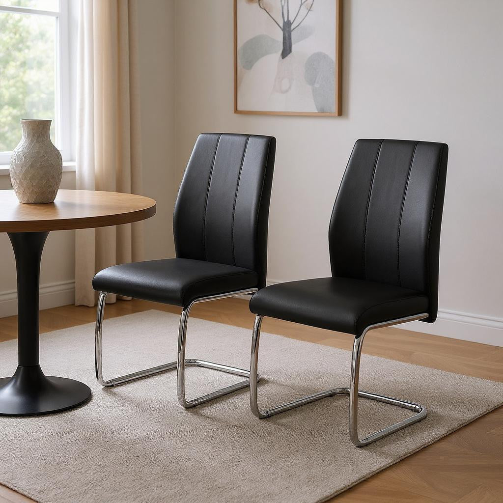 Set of Two Black And Silver Upholstered Faux Leather Dining Side Chairs