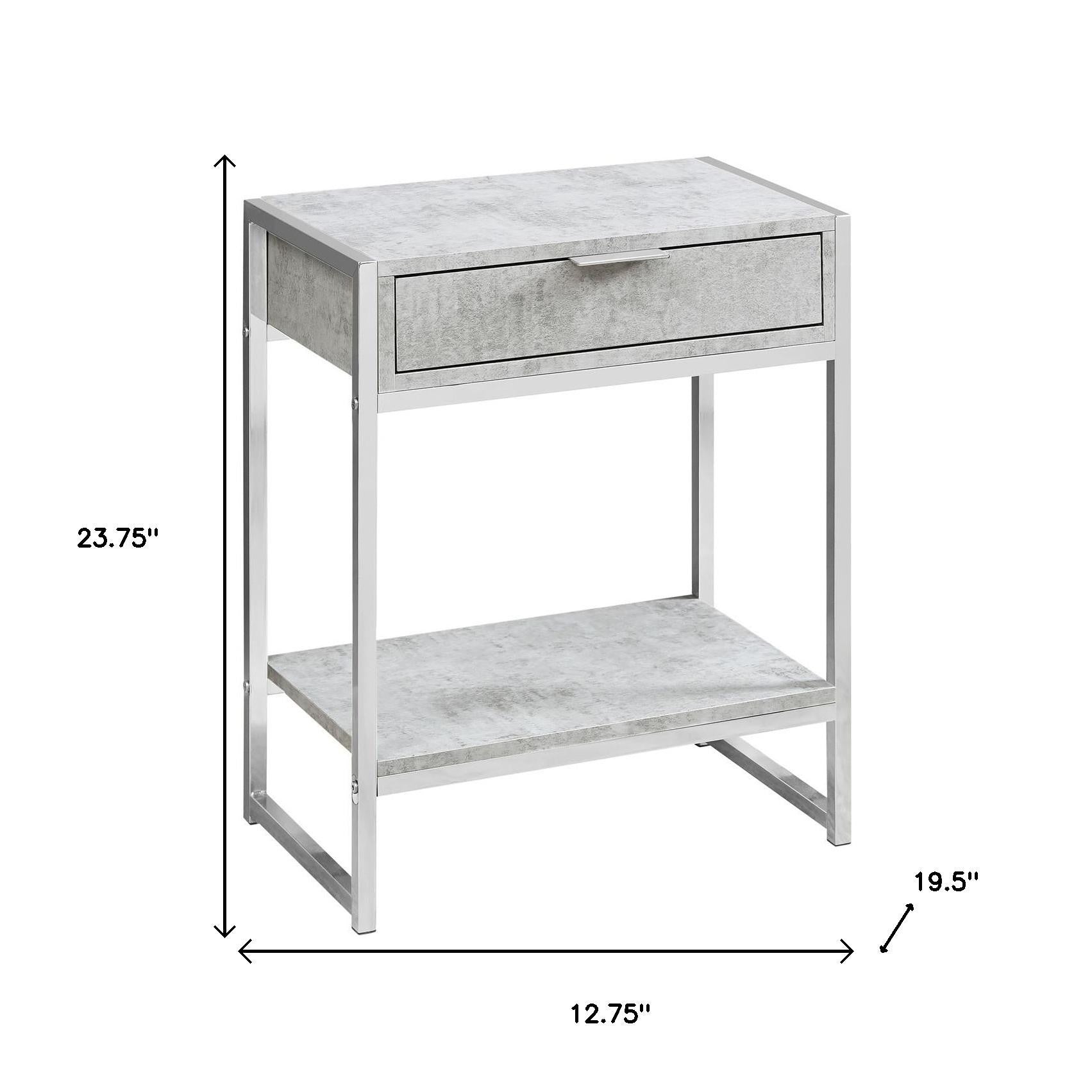 24" Silver And Gray Wood And Metal End Table With Drawer And Shelf