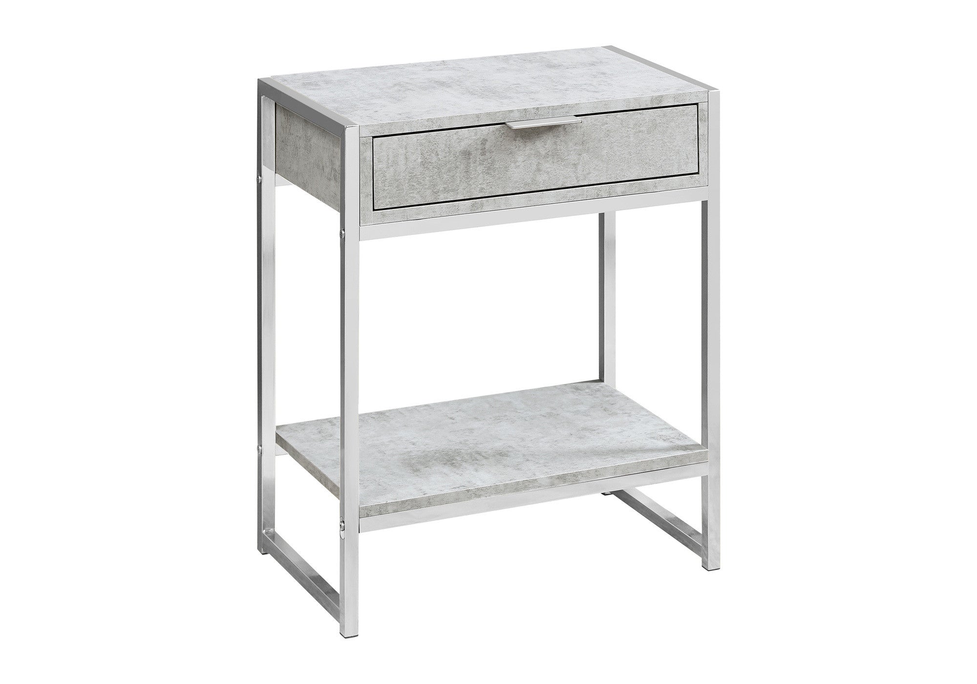 24" Silver And Gray Wood And Metal End Table With Drawer And Shelf