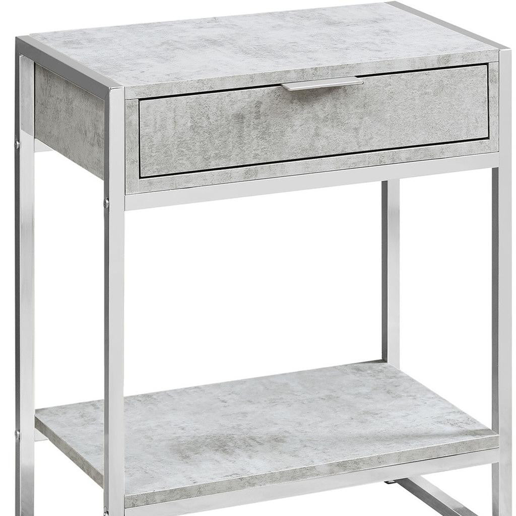 24" Silver And Gray Wood And Metal End Table With Drawer And Shelf