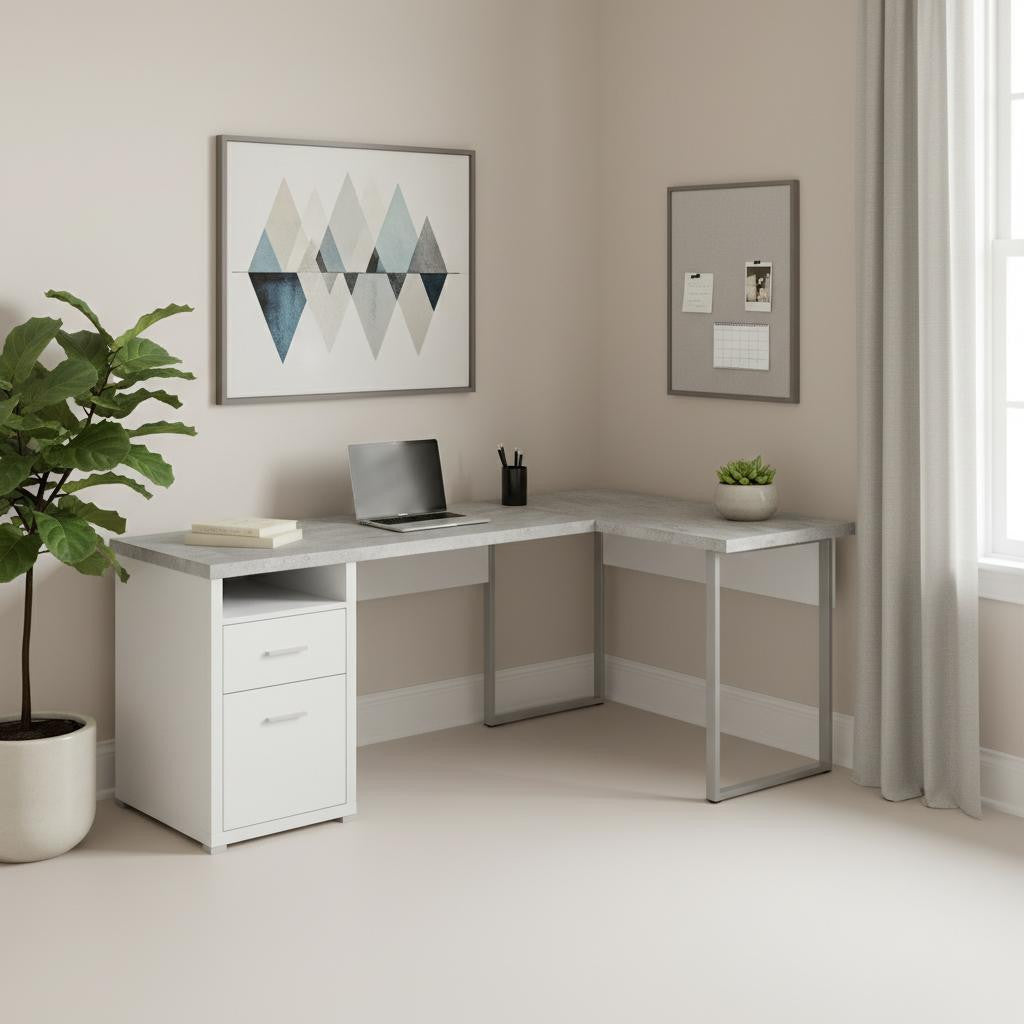 78" Gray and Silver L Shape Computer Desk With Two Drawers