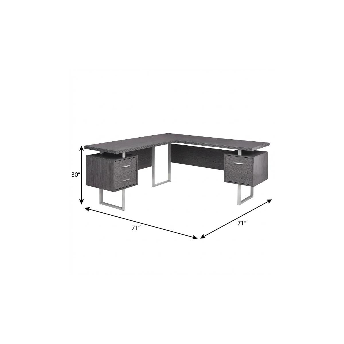71" Gray and Silver L Shape Computer Desk With Three Drawers