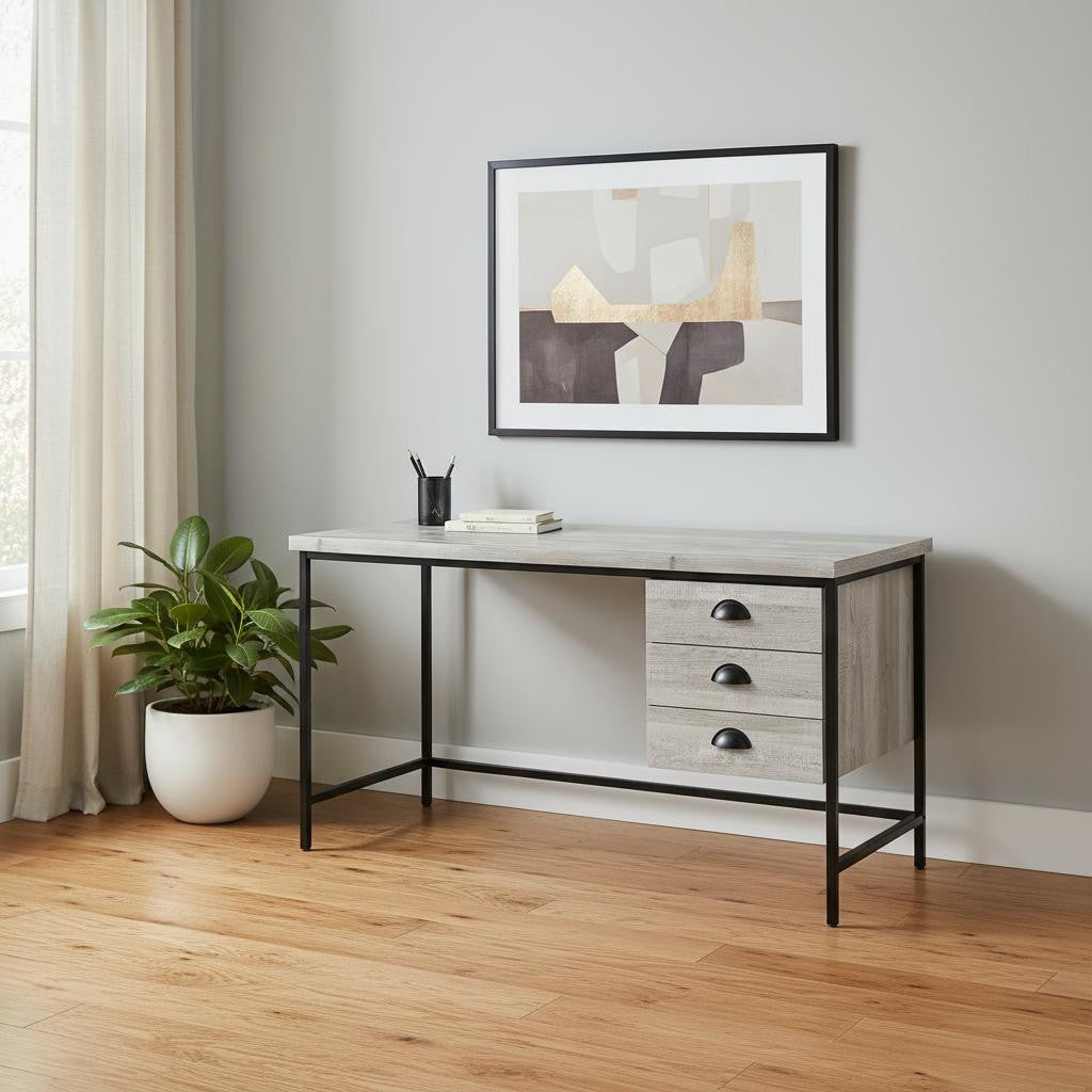 55" Gray and Black Computer Desk With Three Drawers
