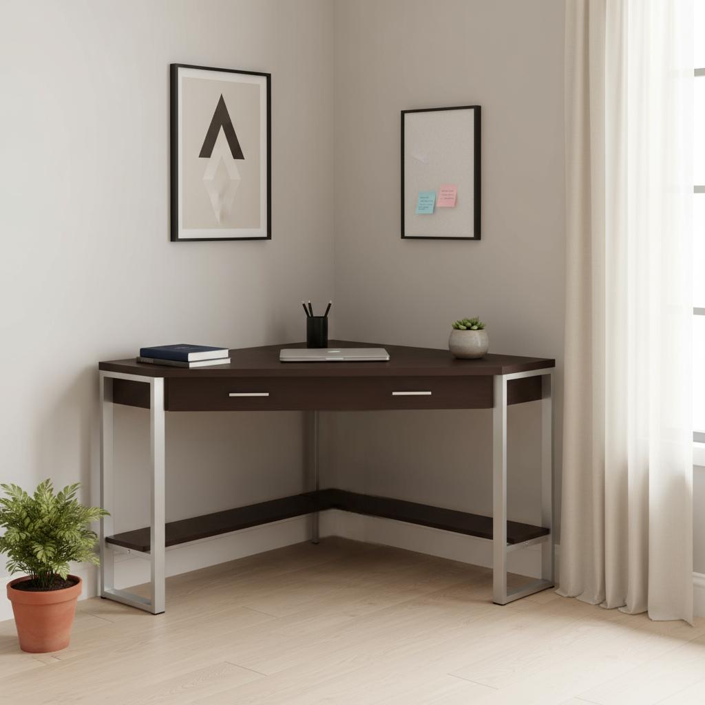 42" Dark Brown and Silver Corner Computer Desk