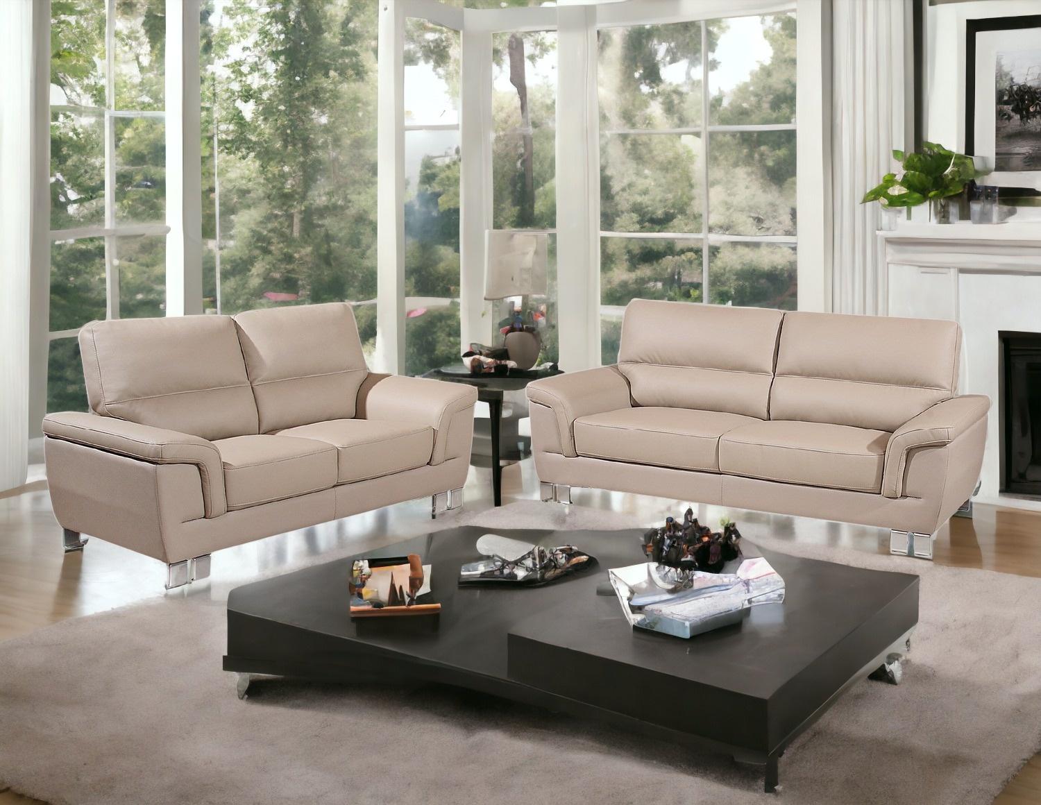 Two Piece Indoor Beige Faux Leather Five Person Seating Set