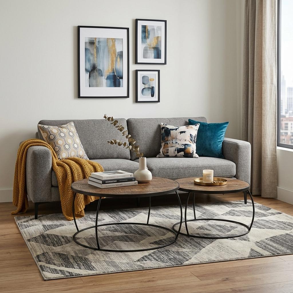 Brown and Black Wood and Metal Round Nested Coffee Tables