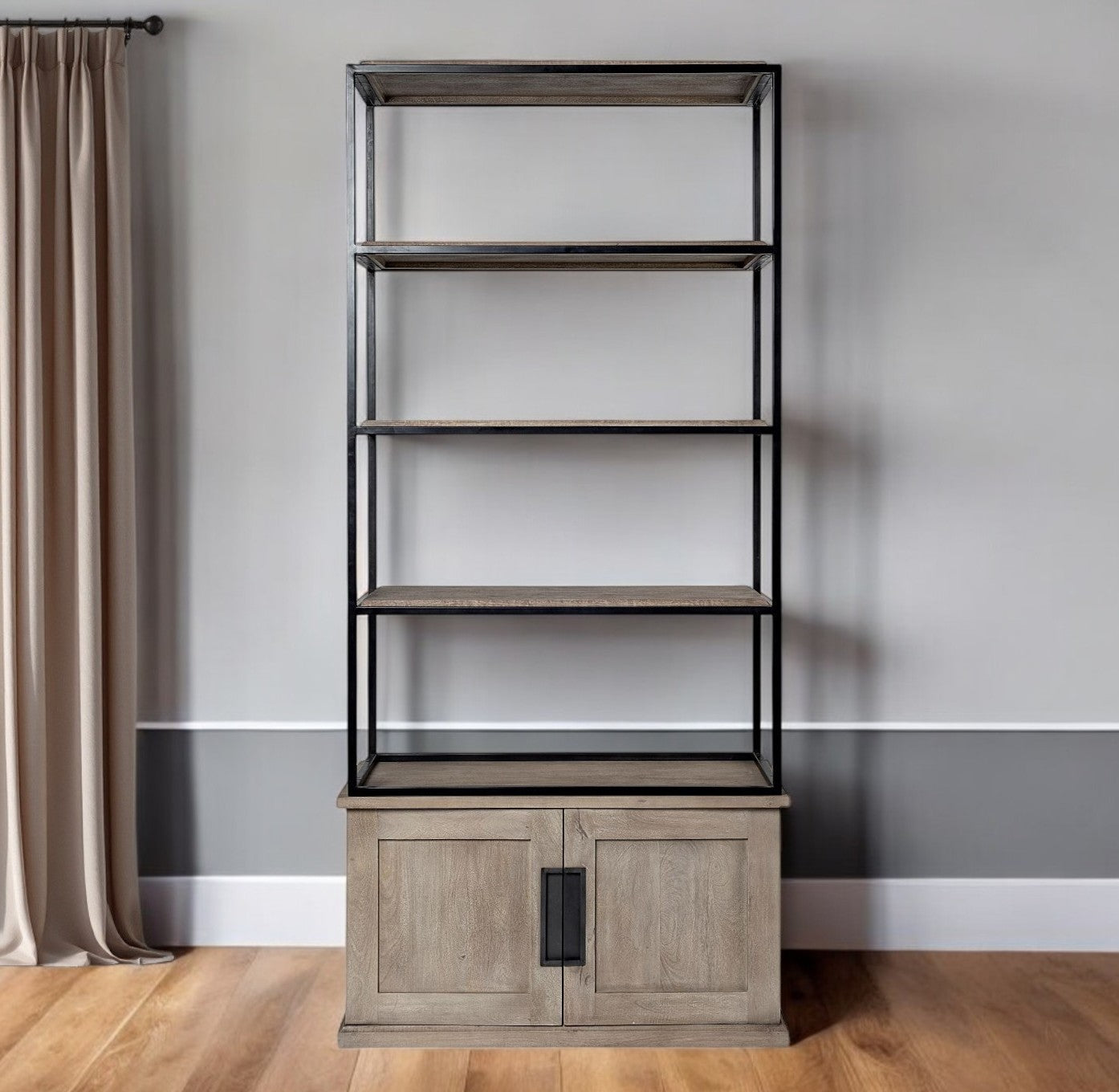 90" Brown Iron and Wood Three Tier Bookcase