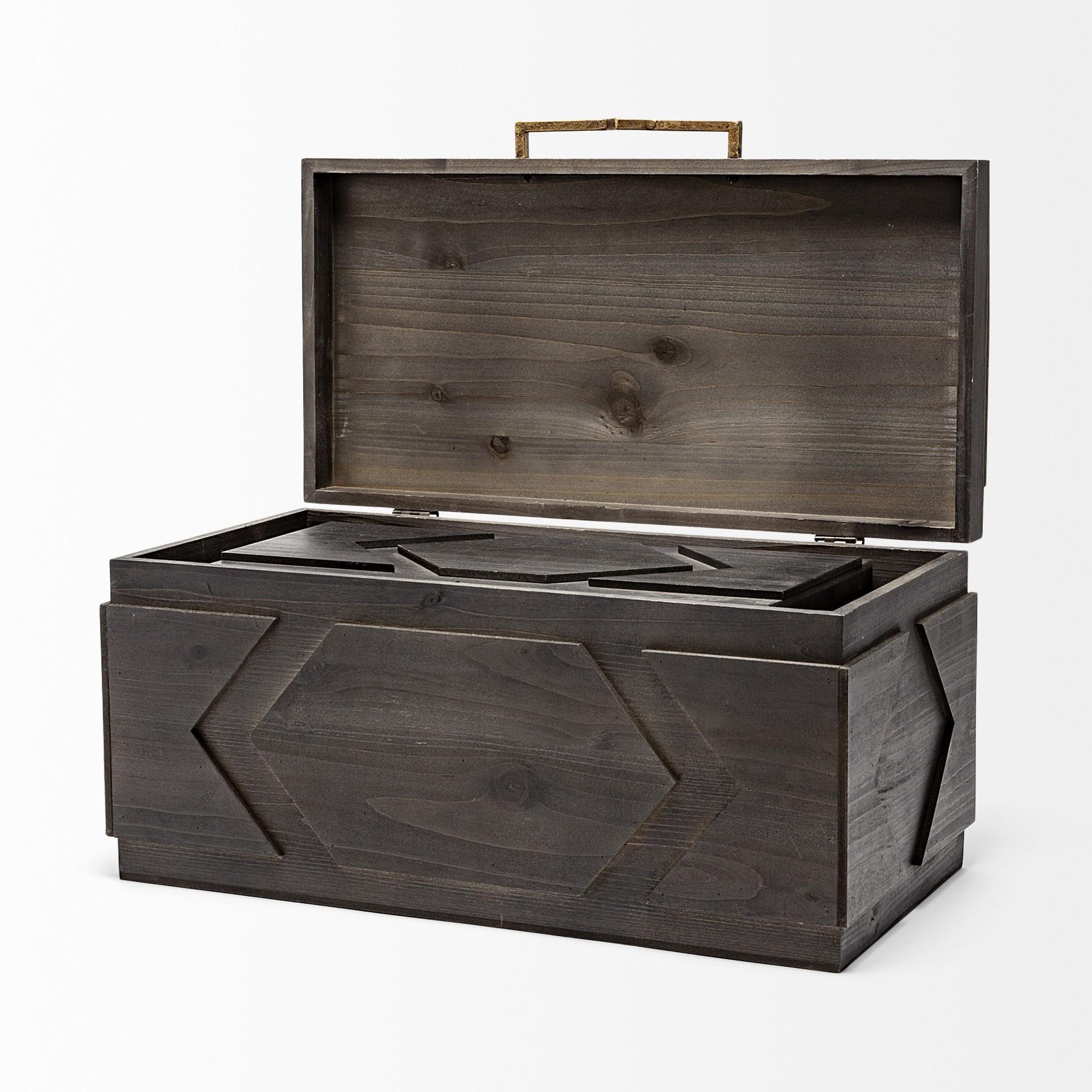 Set of Two Brown Solid Wood Box With Lid