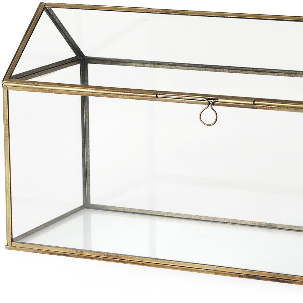16" Clear And Gold Glass And Metal Terrarium House Organizing Box