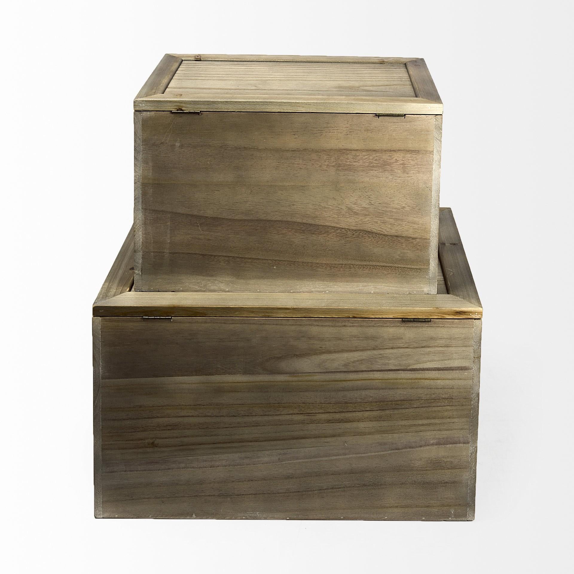 Set of Two Brown And Natural Cane And Solid Wood Box With Lid