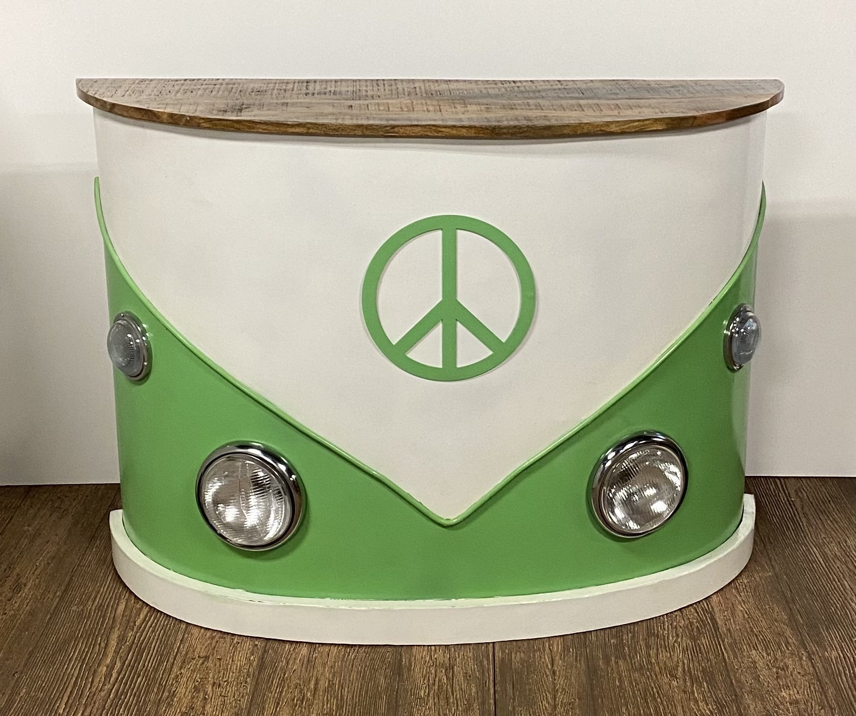 60" Green and White Metal and Wood Peace Van Bar Server