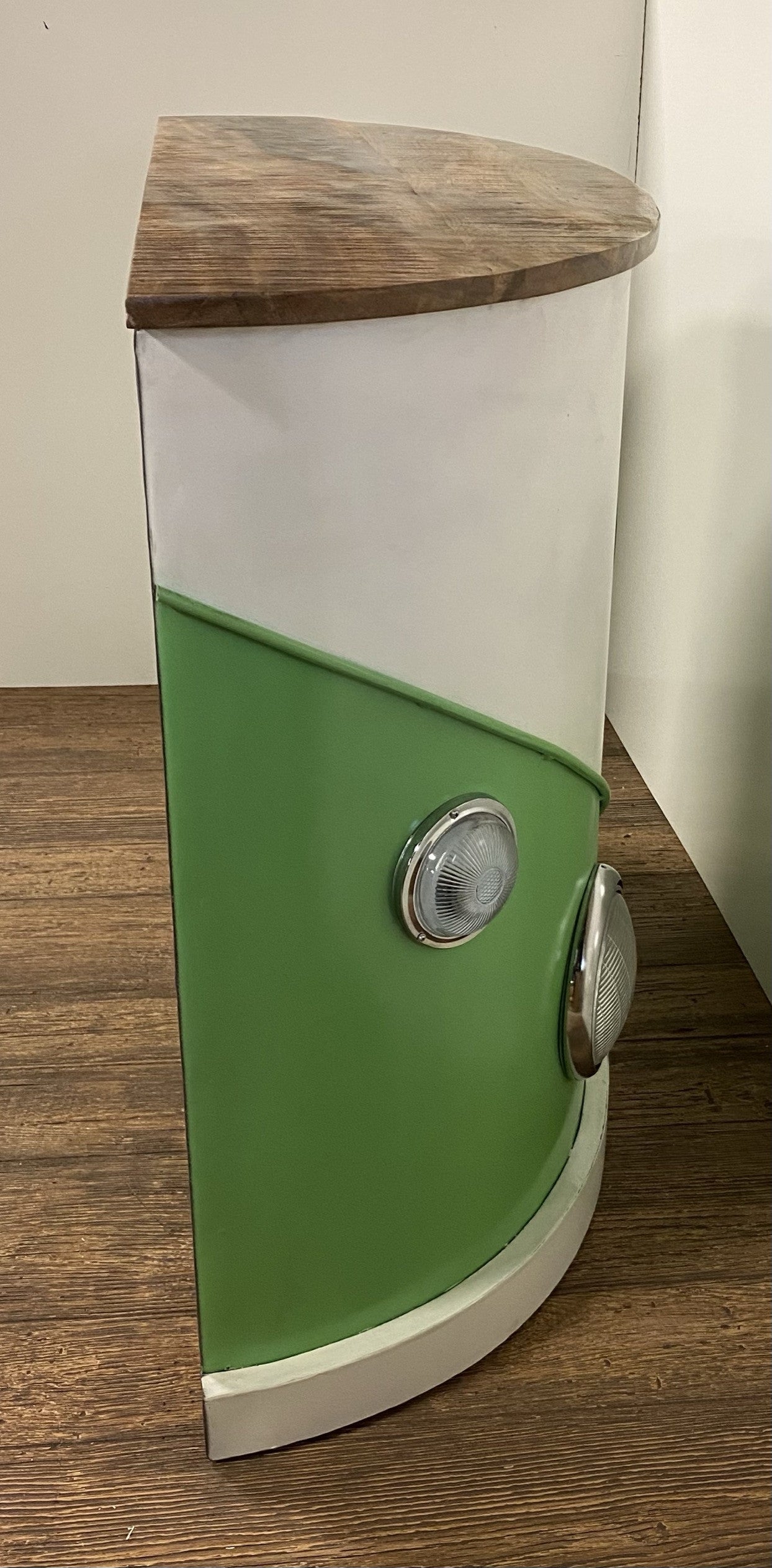 60" Green and White Metal and Wood Peace Van Bar Server