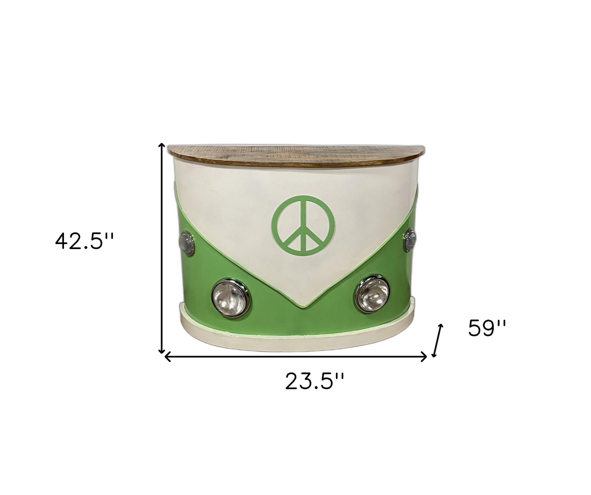 60" Green and White Metal and Wood Peace Van Bar Server