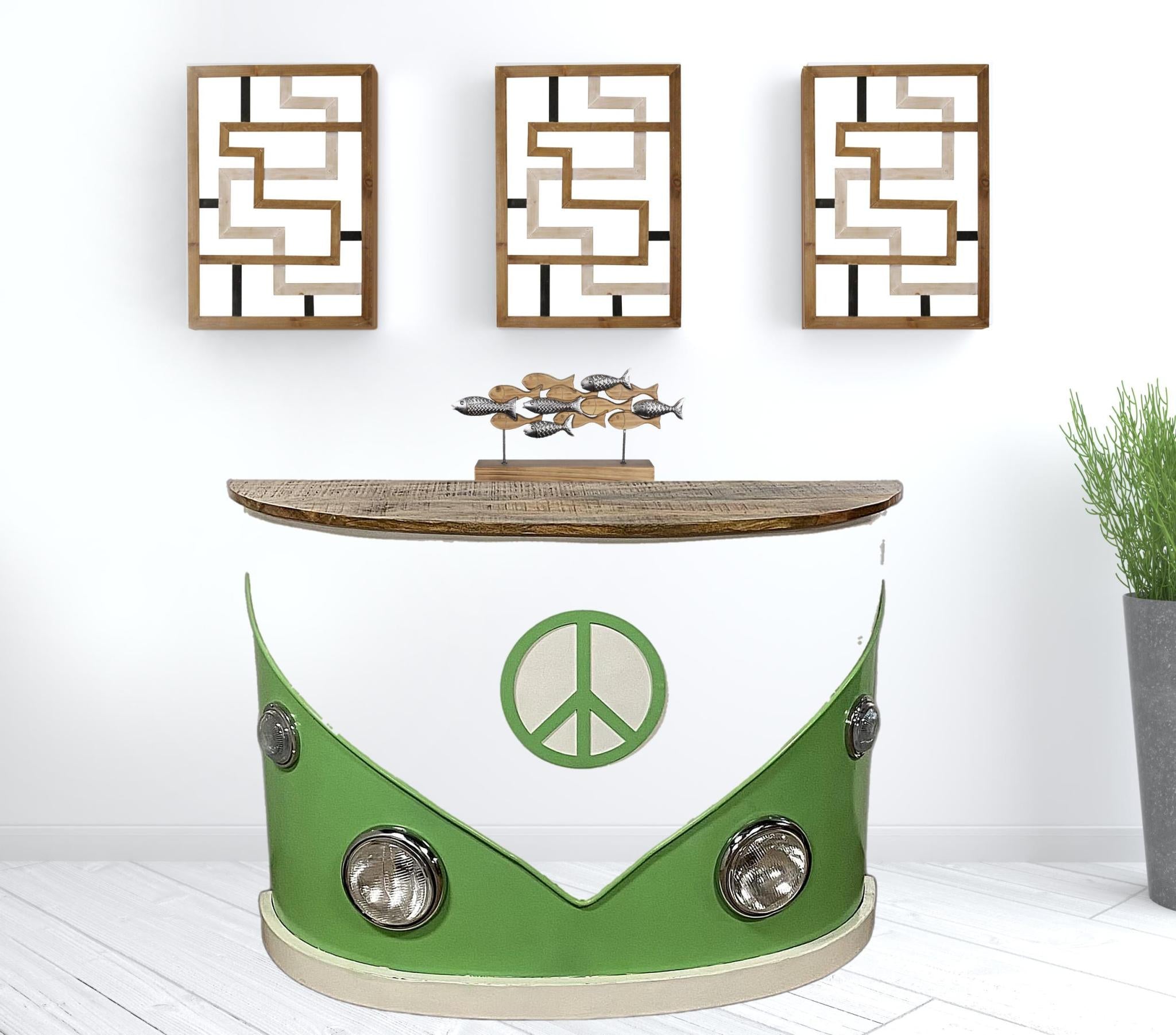 60" Green and White Metal and Wood Peace Van Bar Server