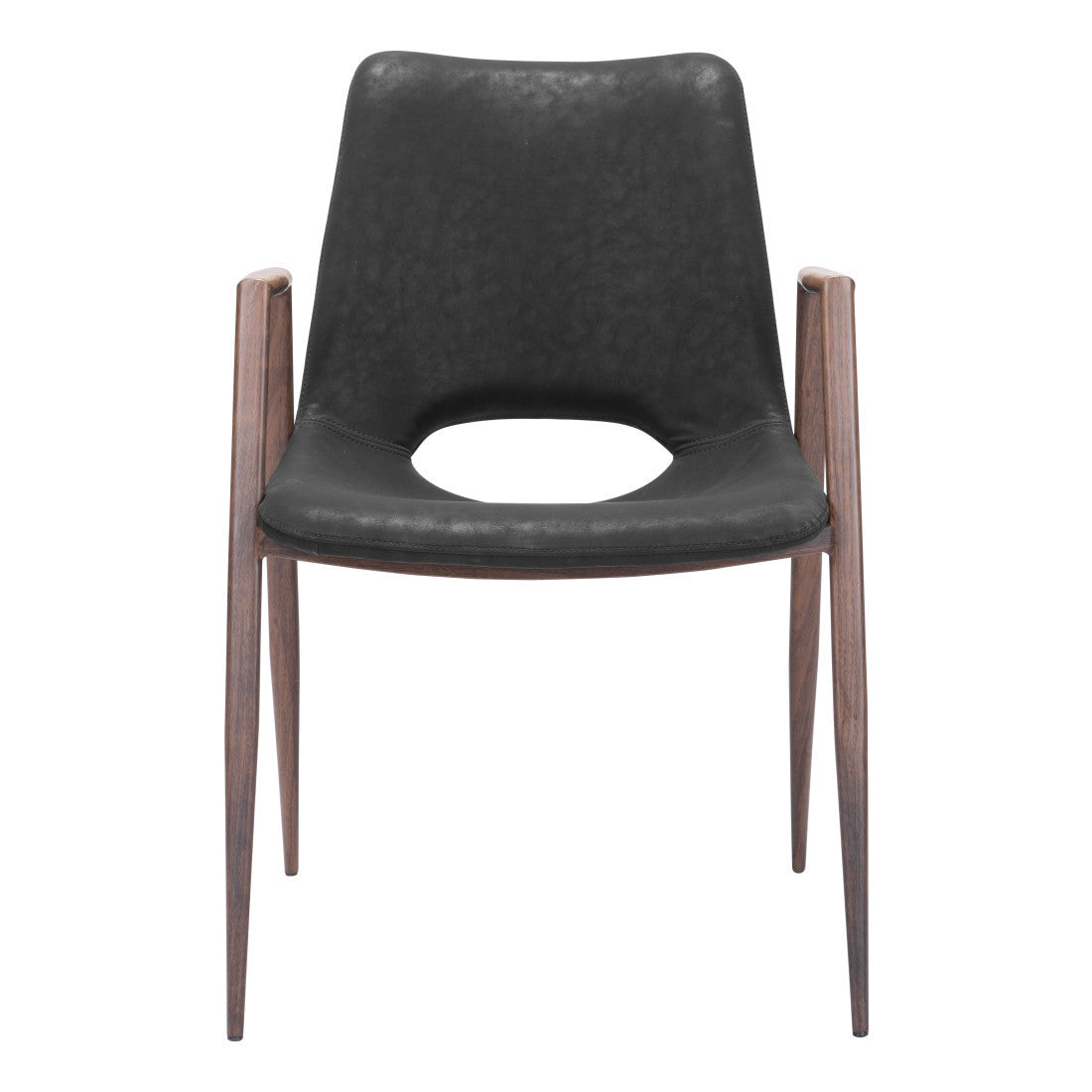 Set of Two Black and Brown Faux Leather and Steel Open Back Dining Arm Chairs