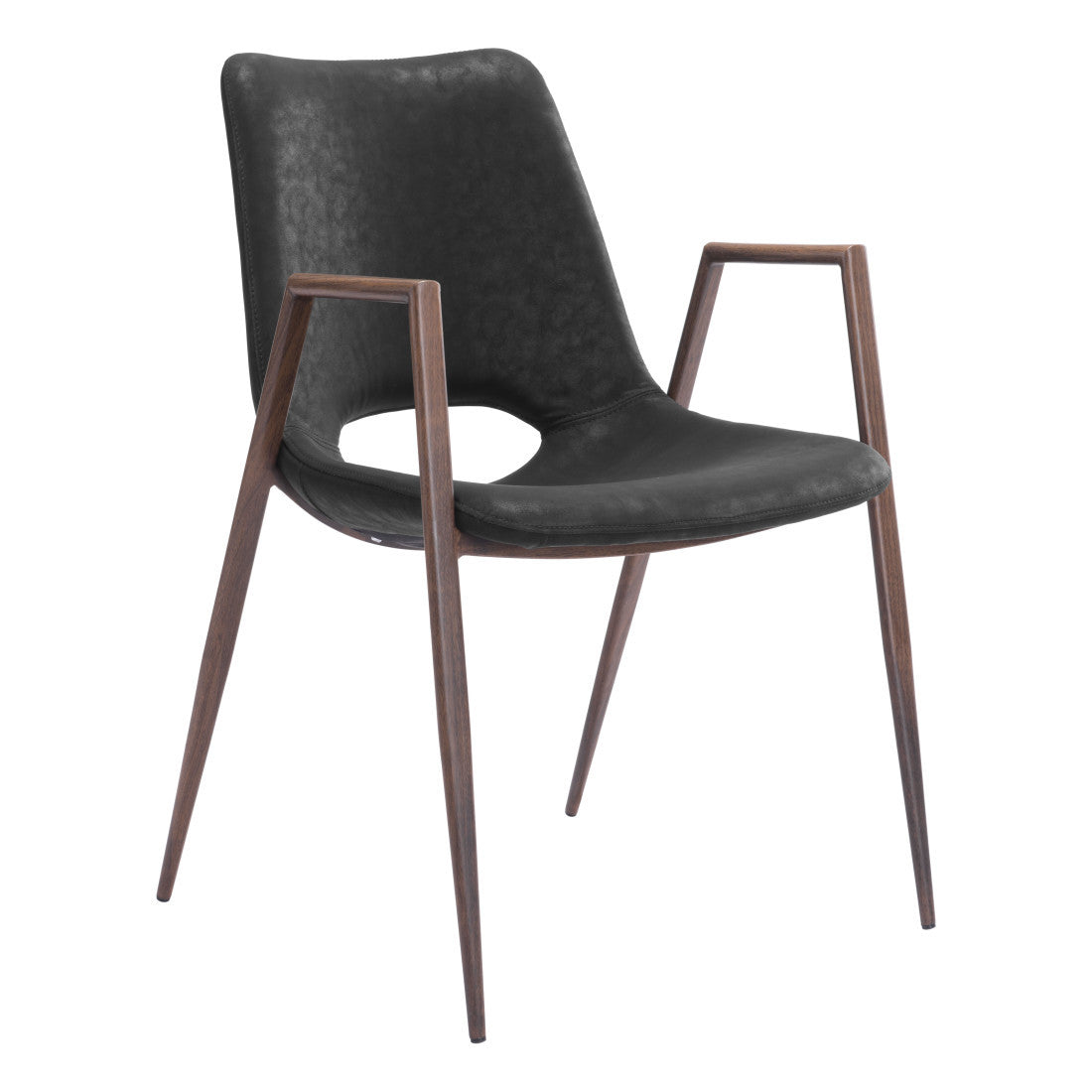 Set of Two Black and Brown Faux Leather and Steel Open Back Dining Arm Chairs