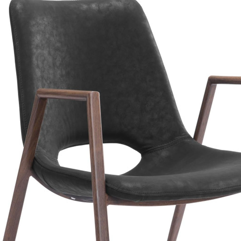 Set of Two Black and Brown Faux Leather and Steel Open Back Dining Arm Chairs
