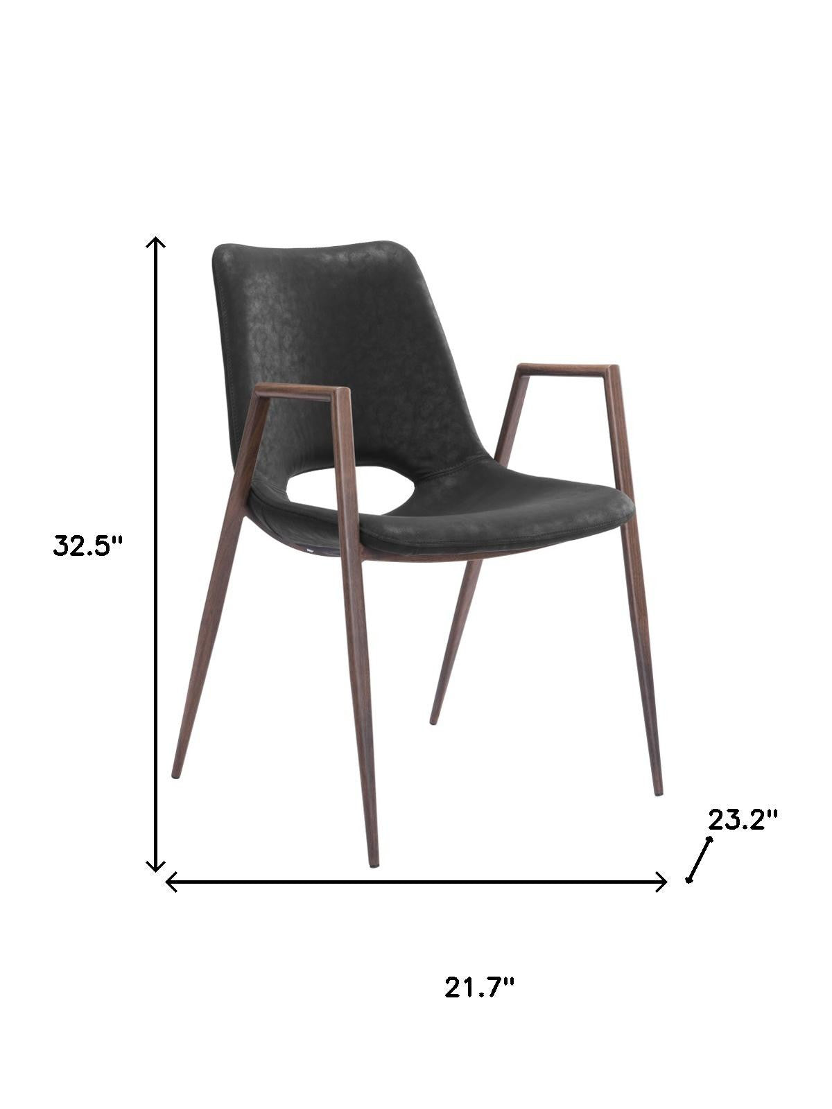 Set of Two Black and Brown Faux Leather and Steel Open Back Dining Arm Chairs