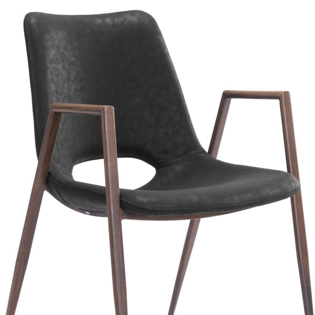 Set of Two Black and Brown Faux Leather and Steel Open Back Dining Arm Chairs